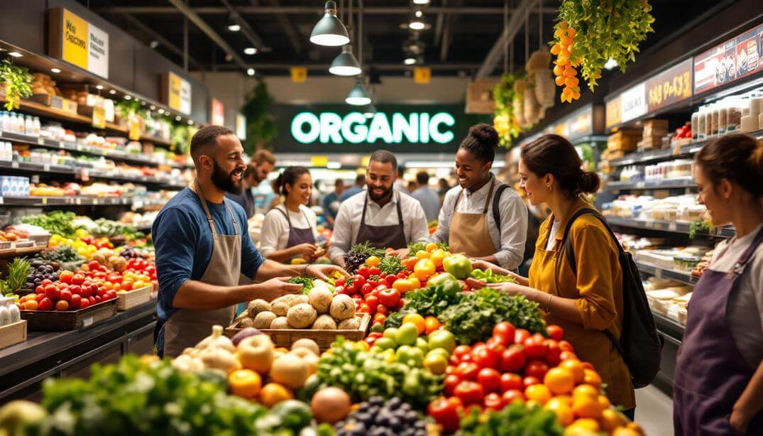 Healthy Food Choices highlighted in a vibrant organic market with customers and staff engaging around fresh produce.