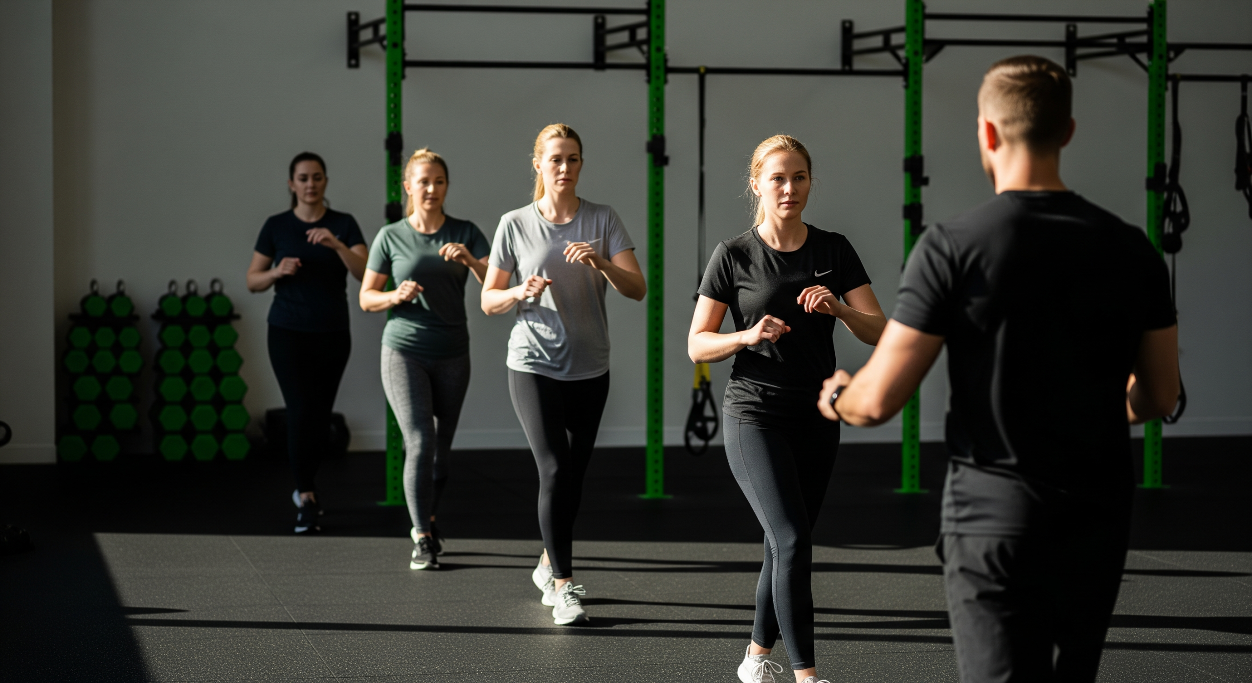 Supportive group fitness class with coach guiding participants through a structured workout