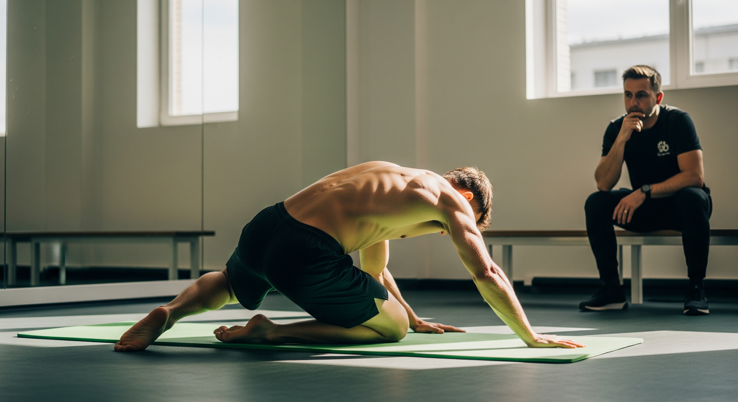 Coach observing client performing mobility and stretching exercise for recovery