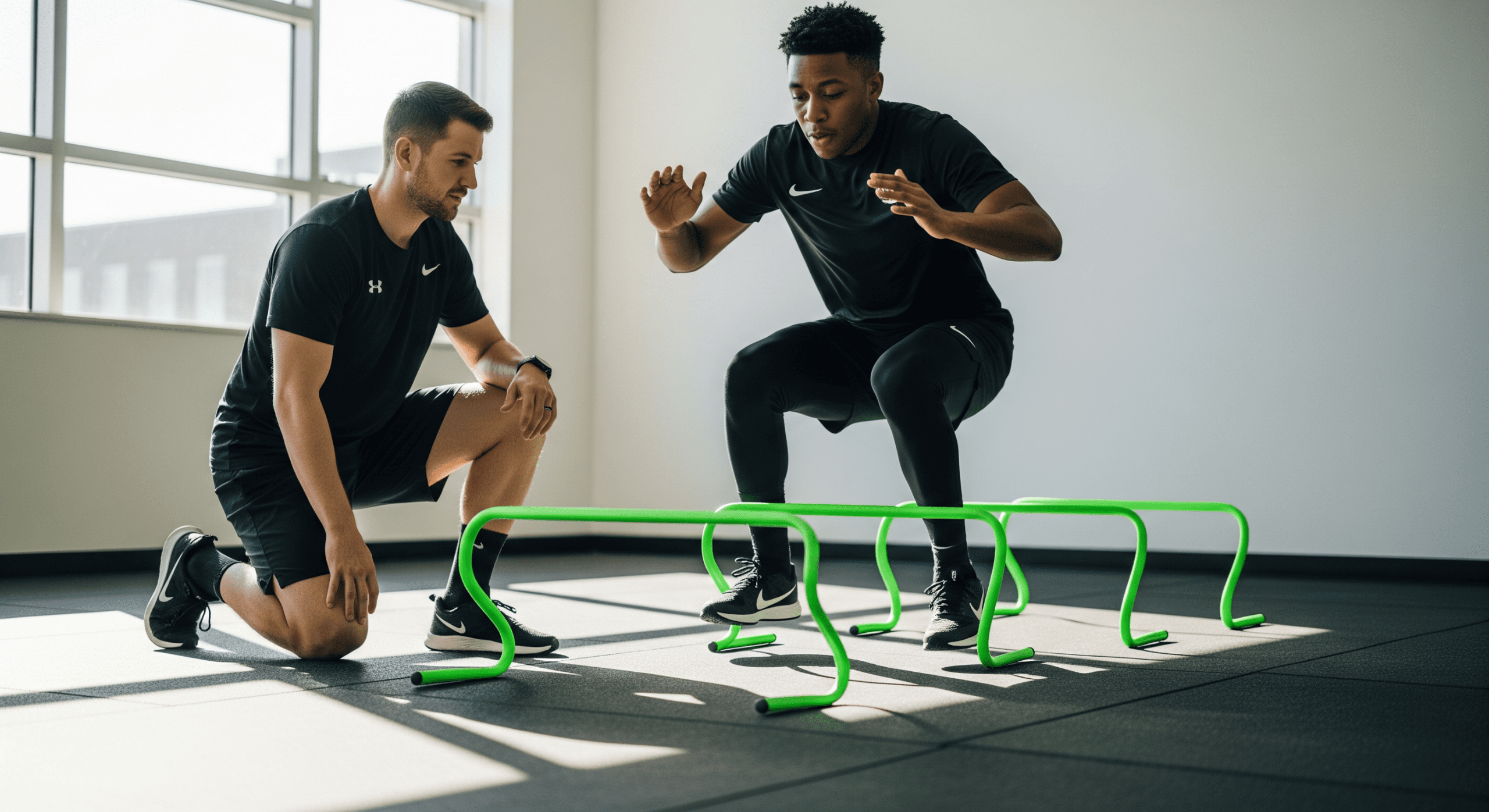 Coach supervising plyometric jump training to improve athletic performance