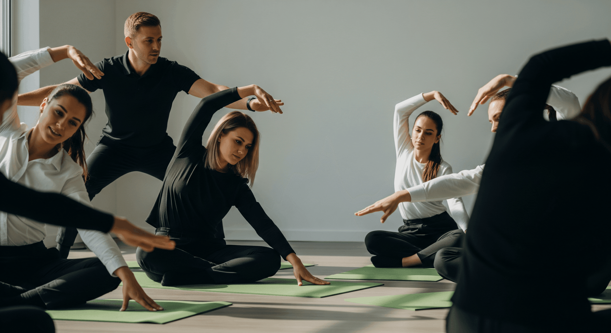 Instructor leading a group through mobility and flexibility exercises on mats