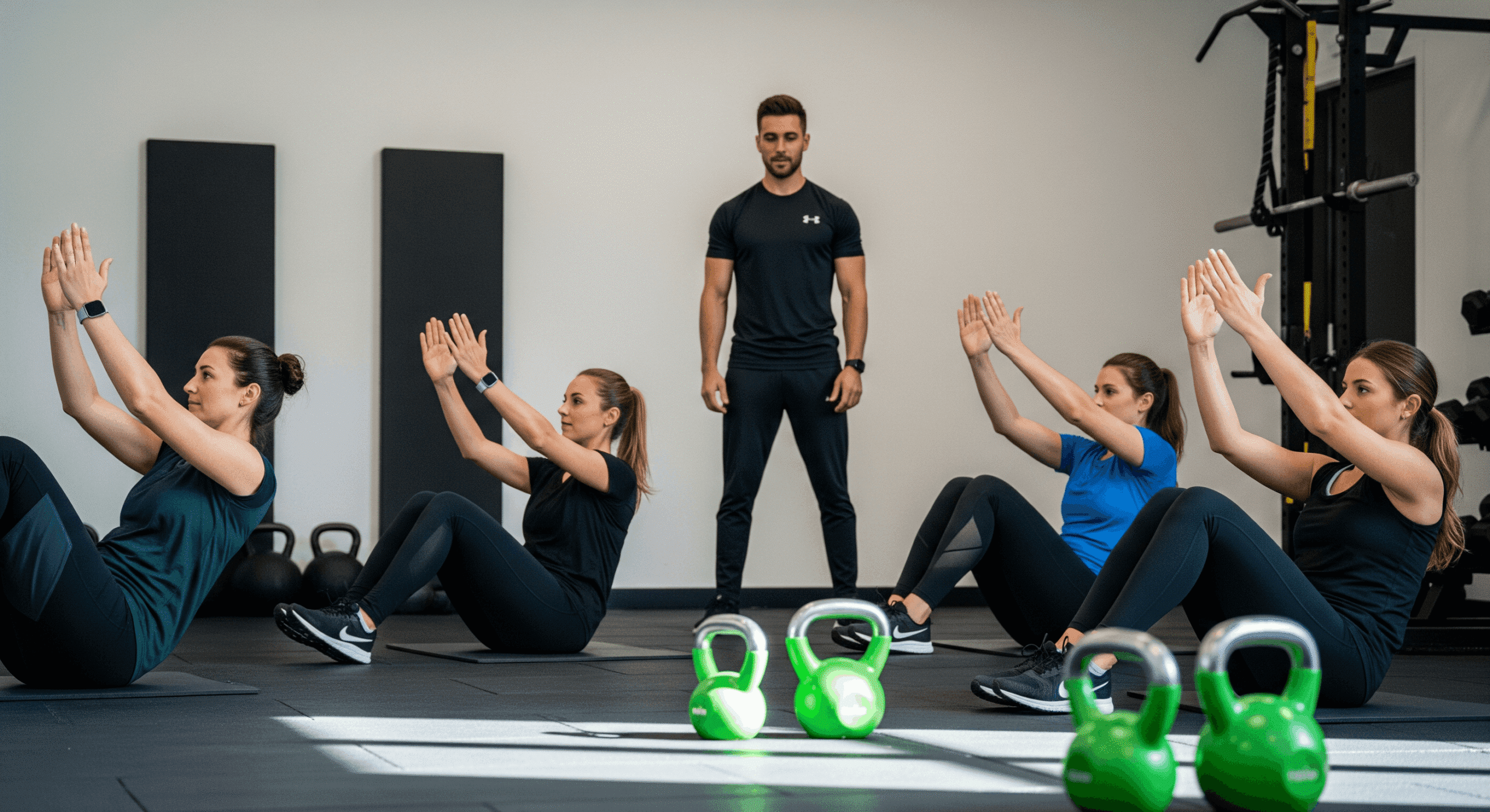 Beginner boot camp workout class with trainer coaching sit-up holds