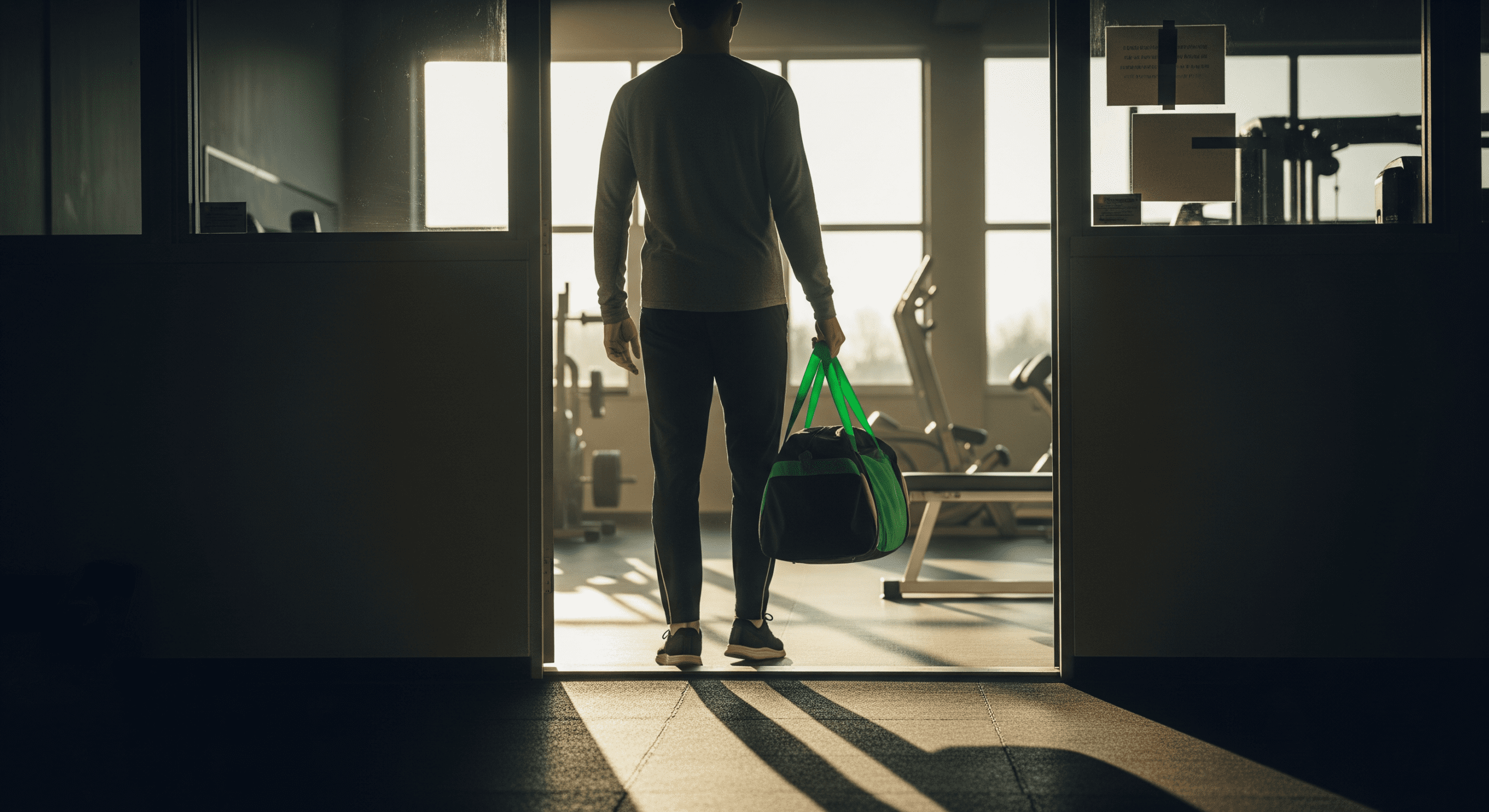 Person walking into a gym carrying a gym bag ready for a workout session