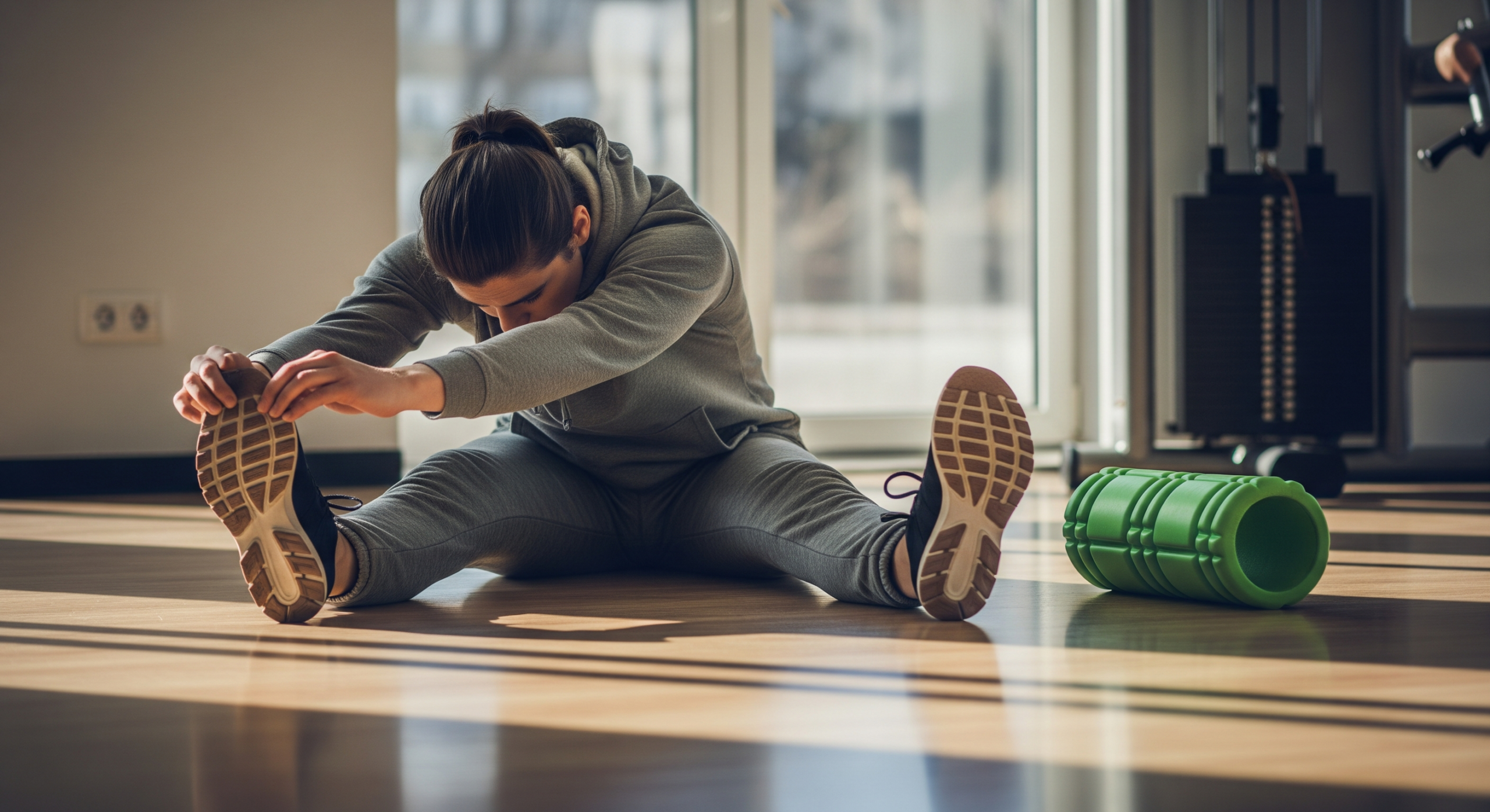 Person stretching on a gym floor as part of a fitness warm-up or recovery routine
