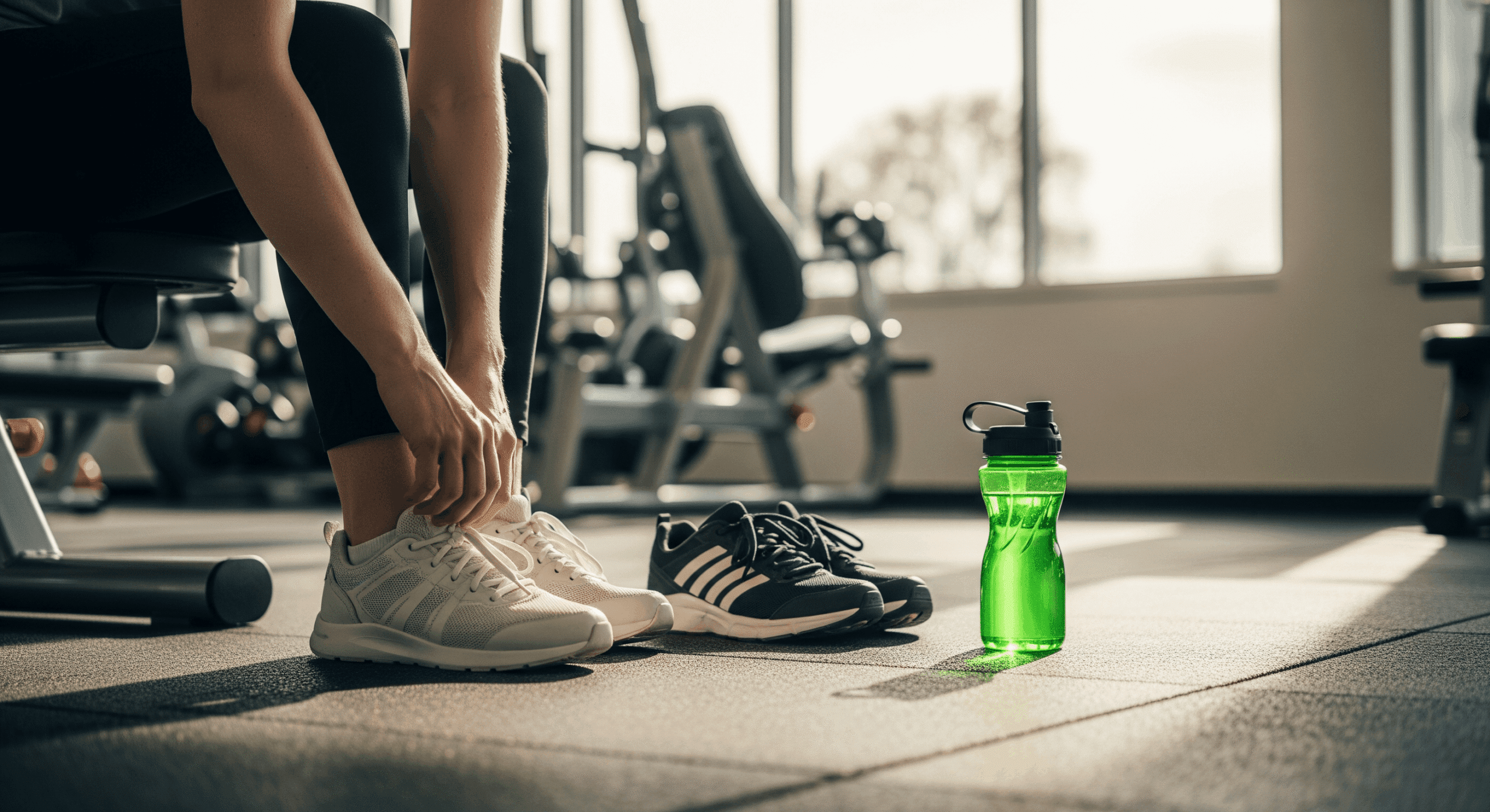 Gym member tying shoes next to water bottle before workout