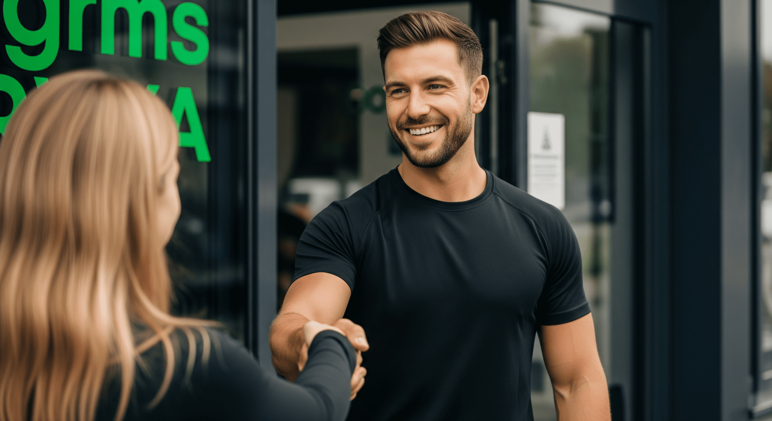 Personal trainer welcoming a new gym client with a handshake