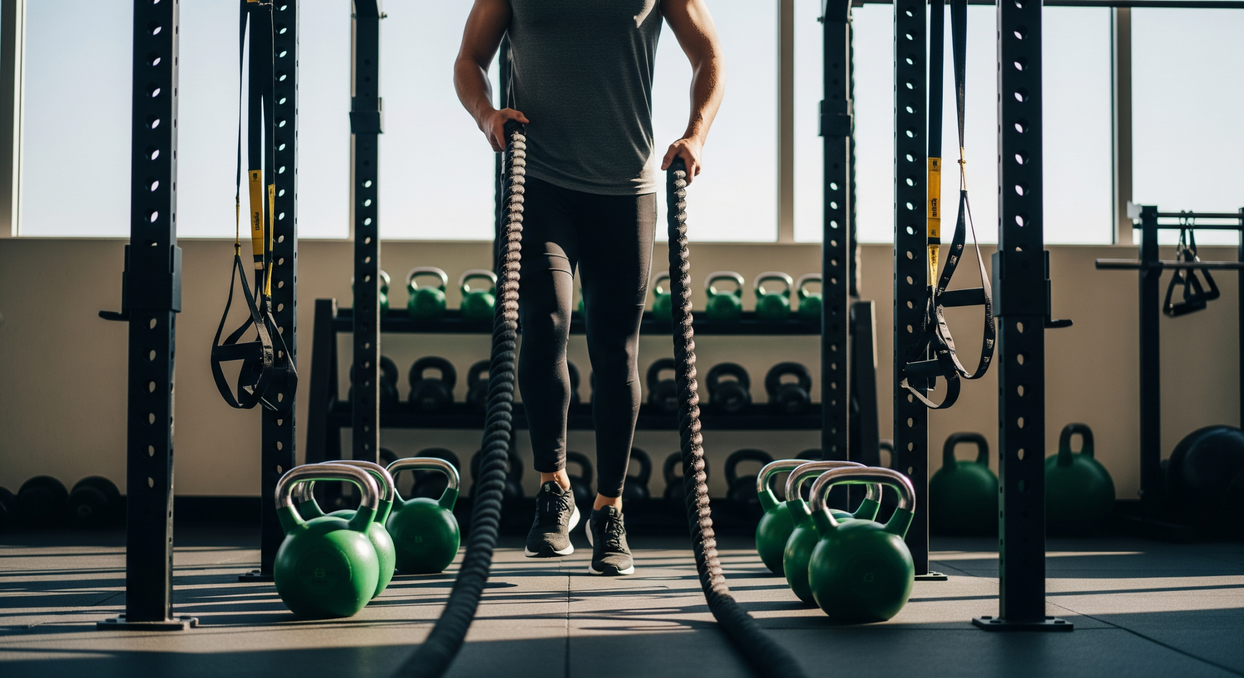 Athlete performing battle rope exercises in a strength training gym