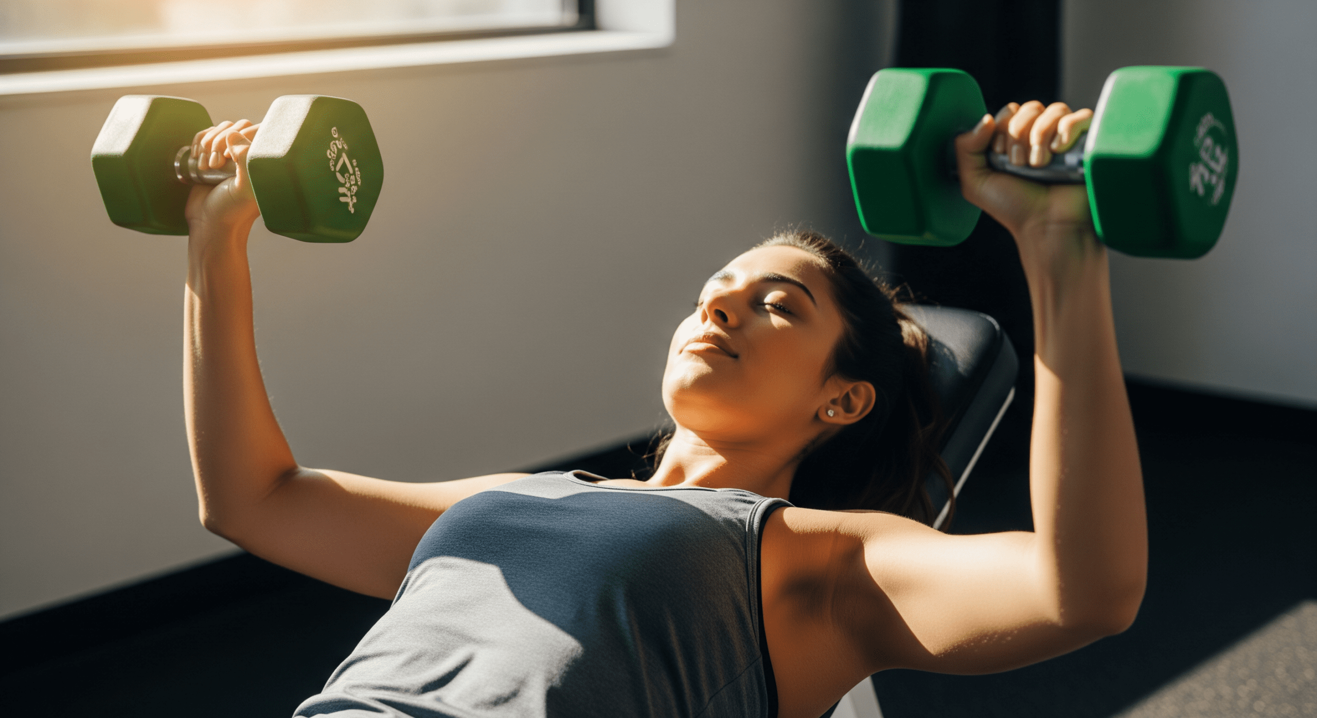Woman performing dumbbell chest press on a bench