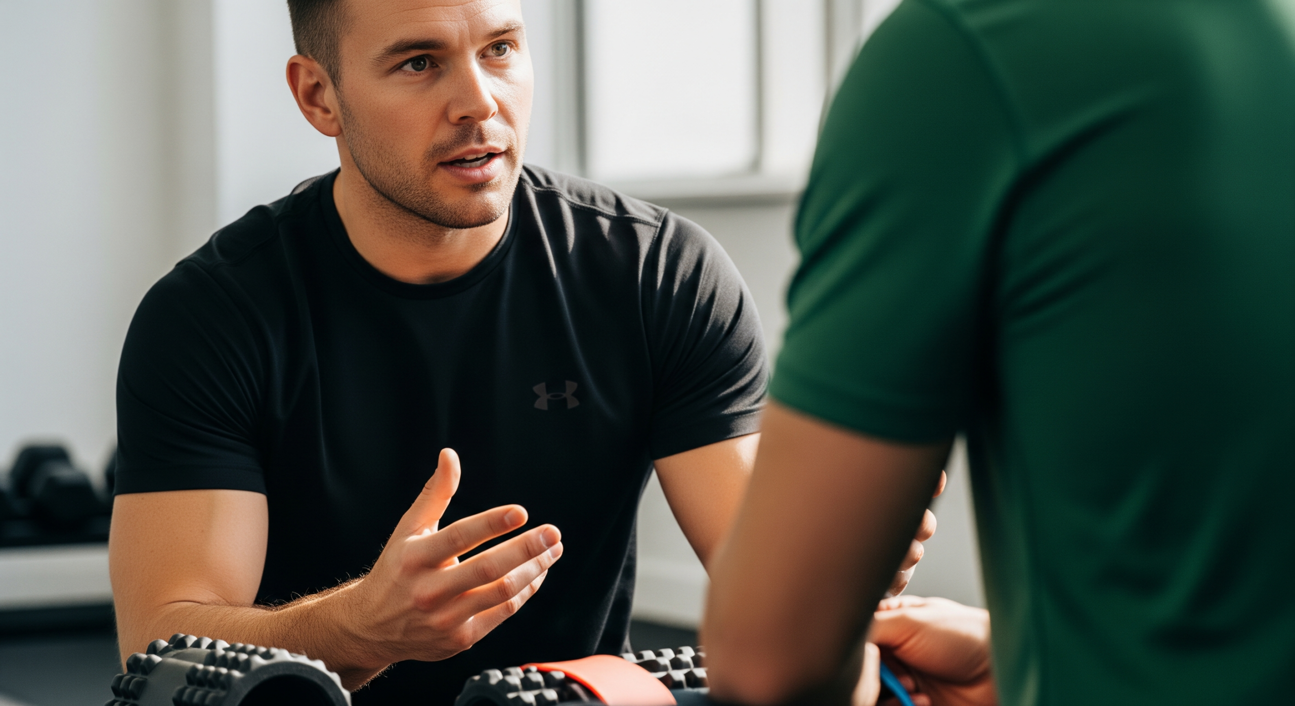 Trainer discussing recovery tools during fitness consultation