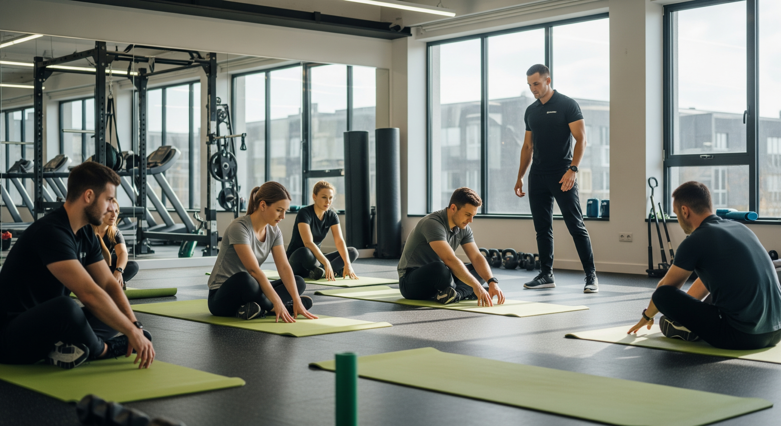 Group fitness class performing mobility stretches on mats