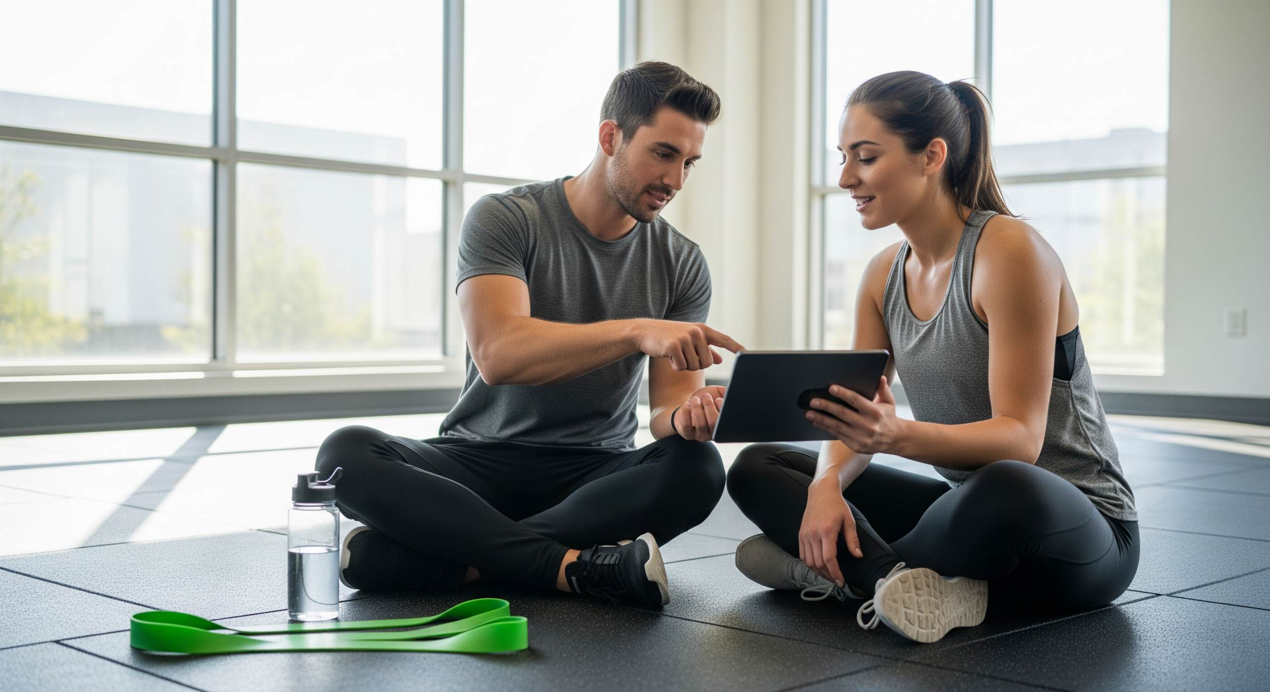 Personal trainer reviewing a fitness program with a client on a tablet