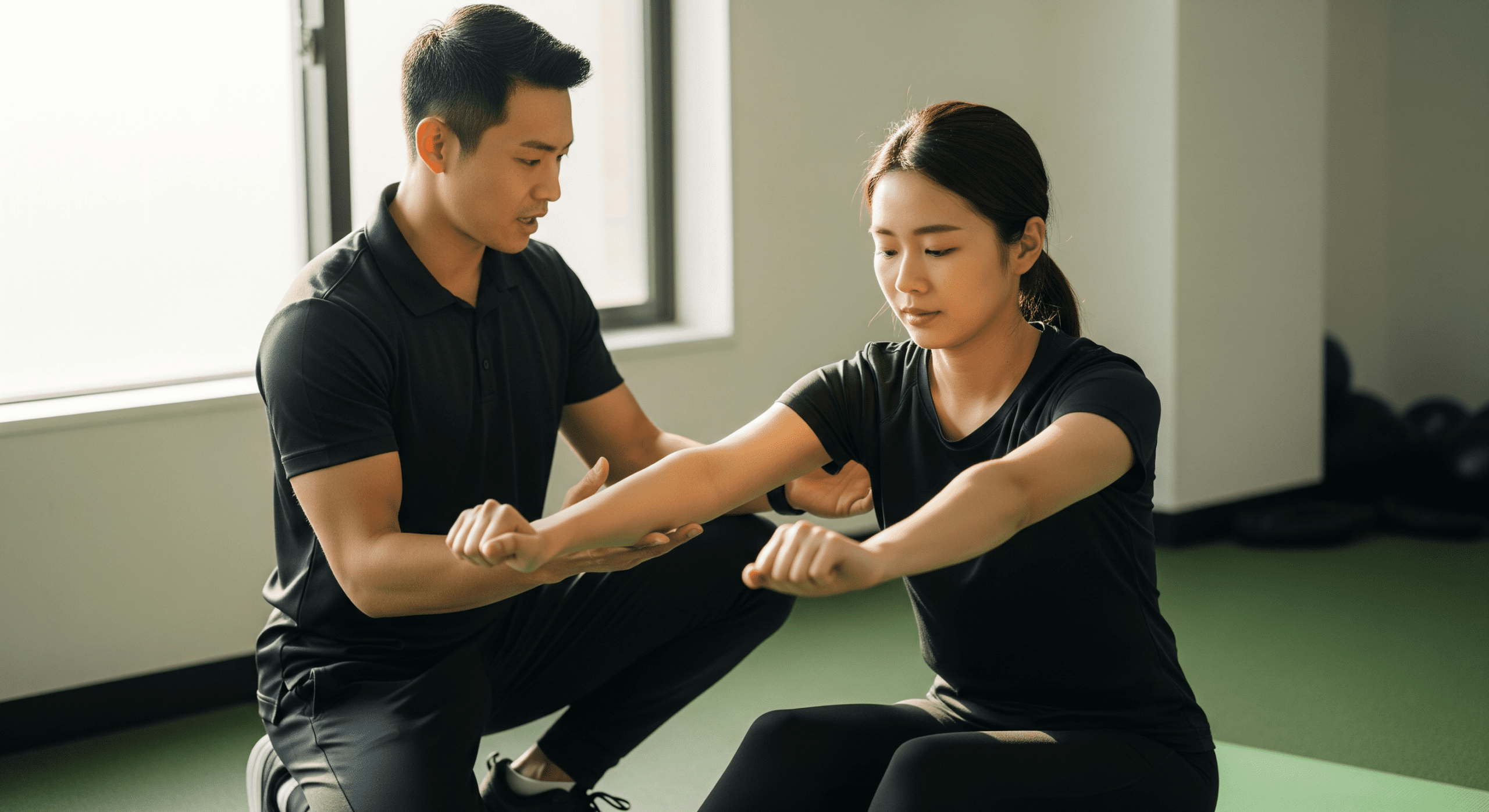Personal trainer correcting squat form during one-on-one training