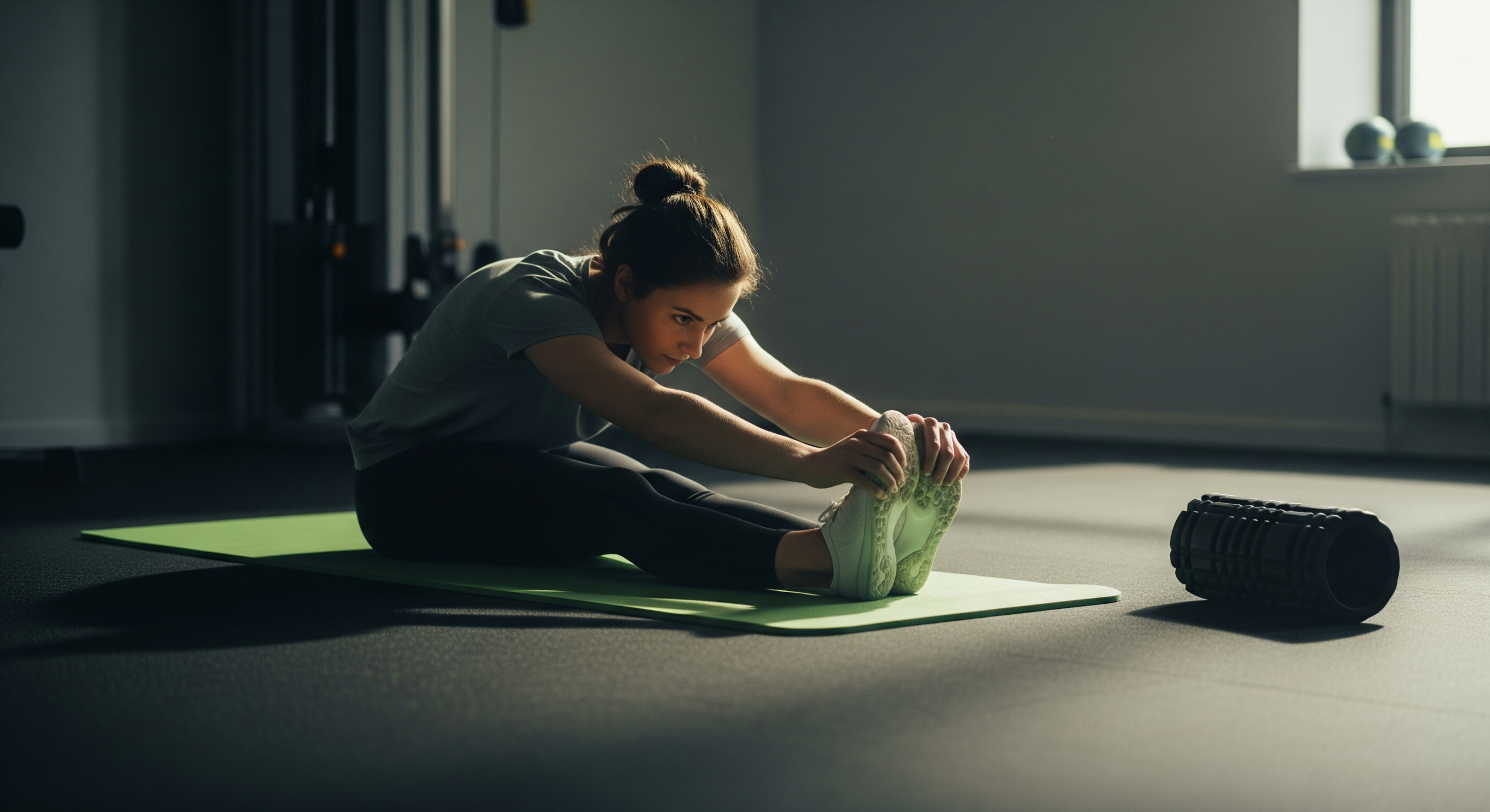 Woman performing seated hamstring stretch on a mat