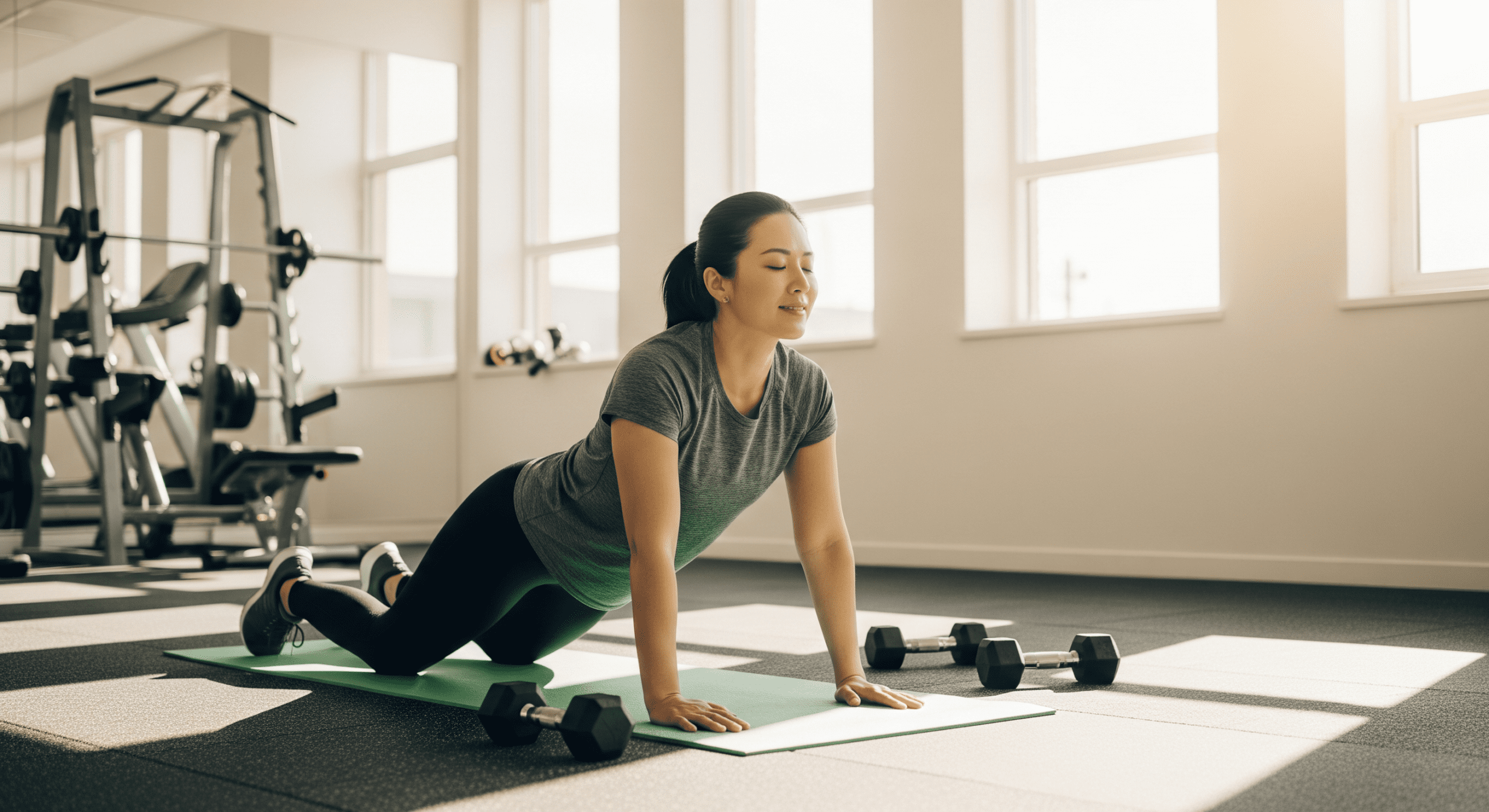 Woman performing spinal extension exercise on a mat