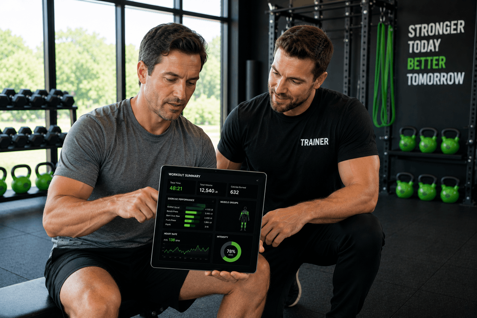 Trainer reviewing training performance data with client on fitness tablet