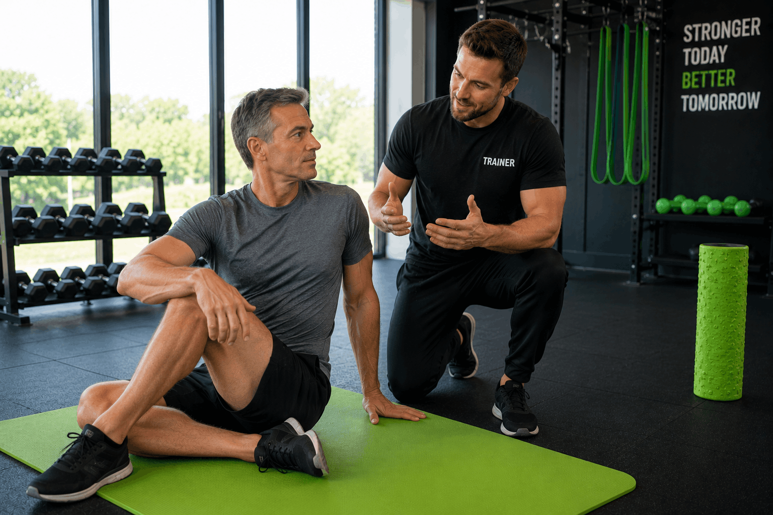 Fitness coach discussing recovery and rest day strategies with client