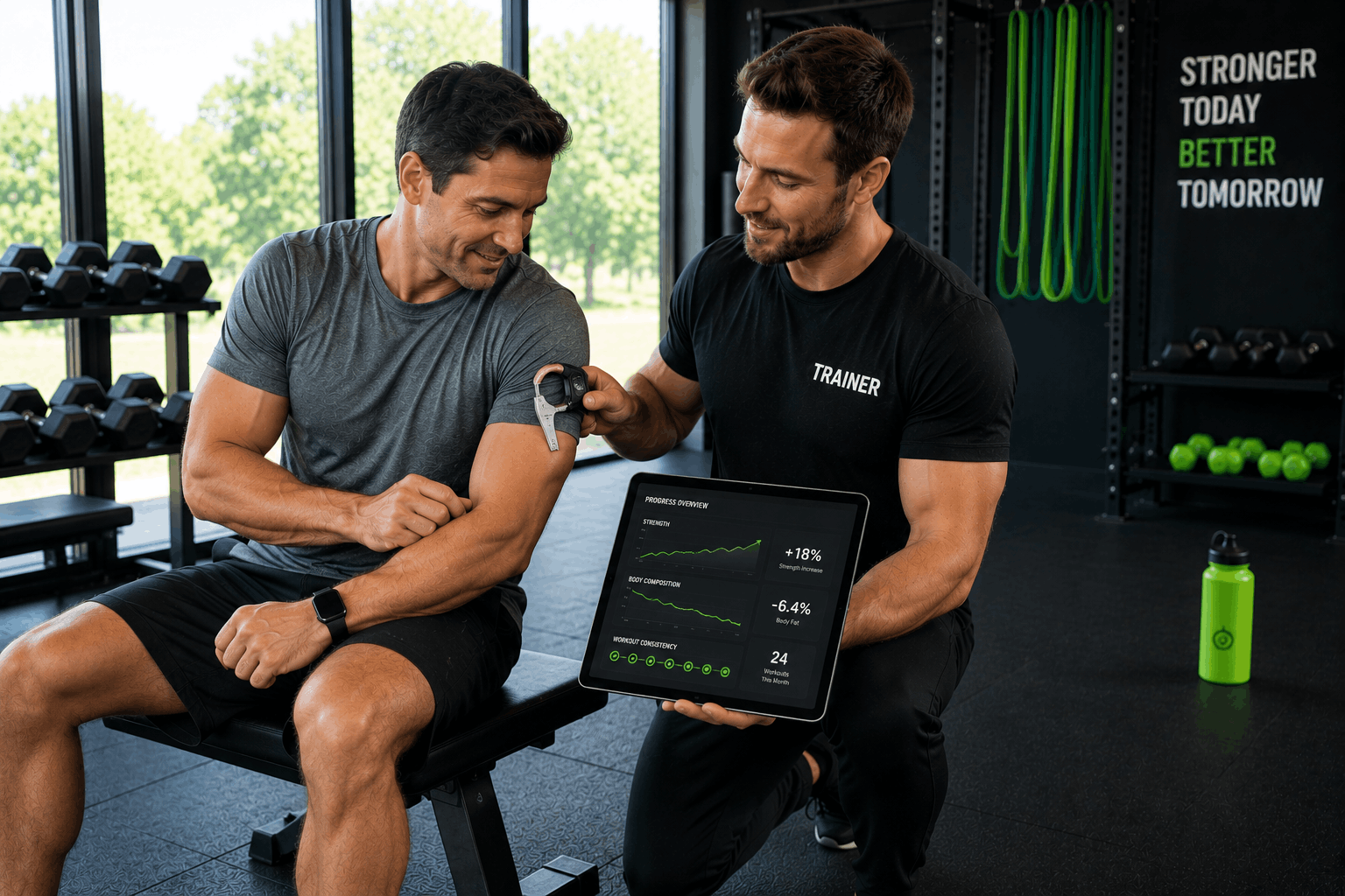 Client reviewing fitness progress tracking results with personal trainer