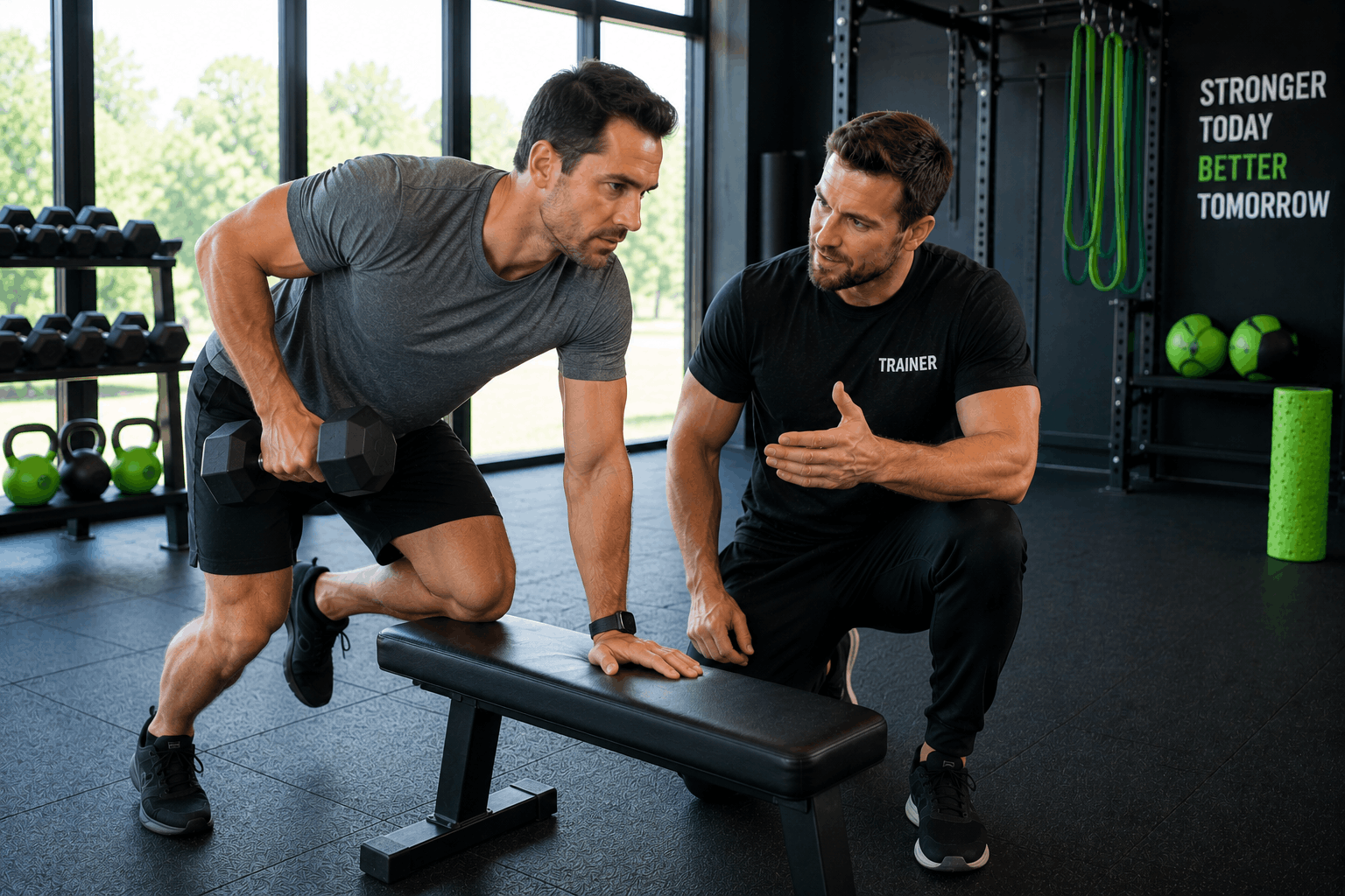 Personal trainer coaching client through structured fitness session in gym