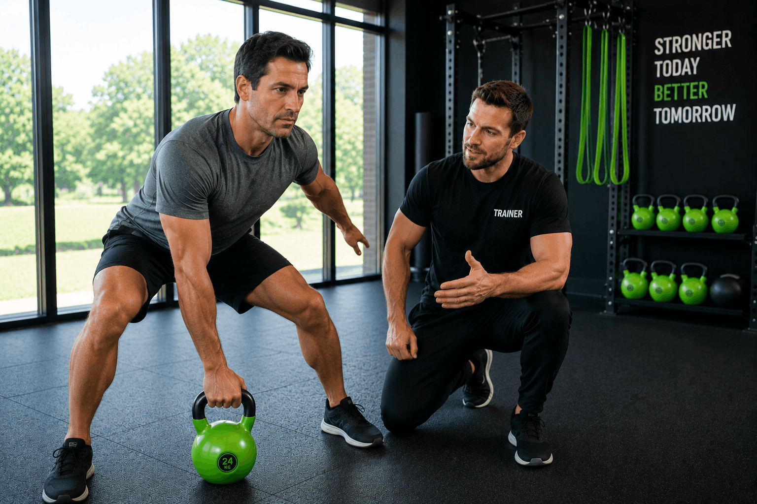 Client performing functional strength training exercise with kettlebell and coach