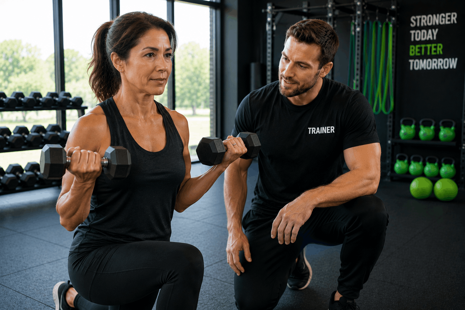 Woman over 40 strength training with dumbbells and personal trainer