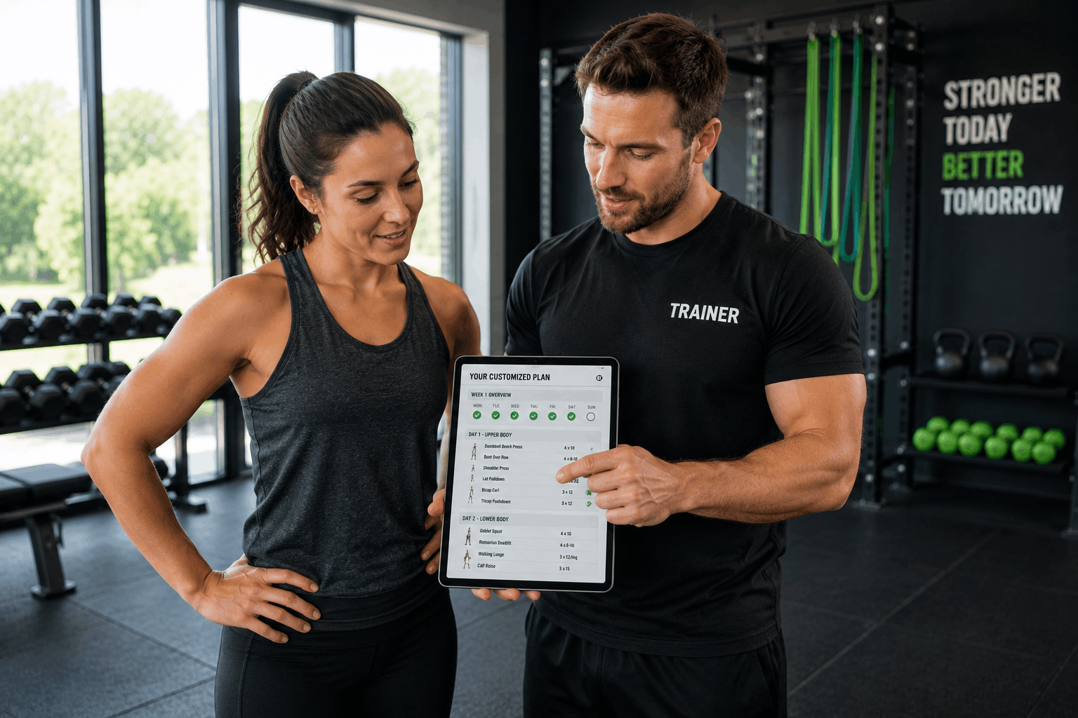Personal trainer showing customized workout plan to gym client
