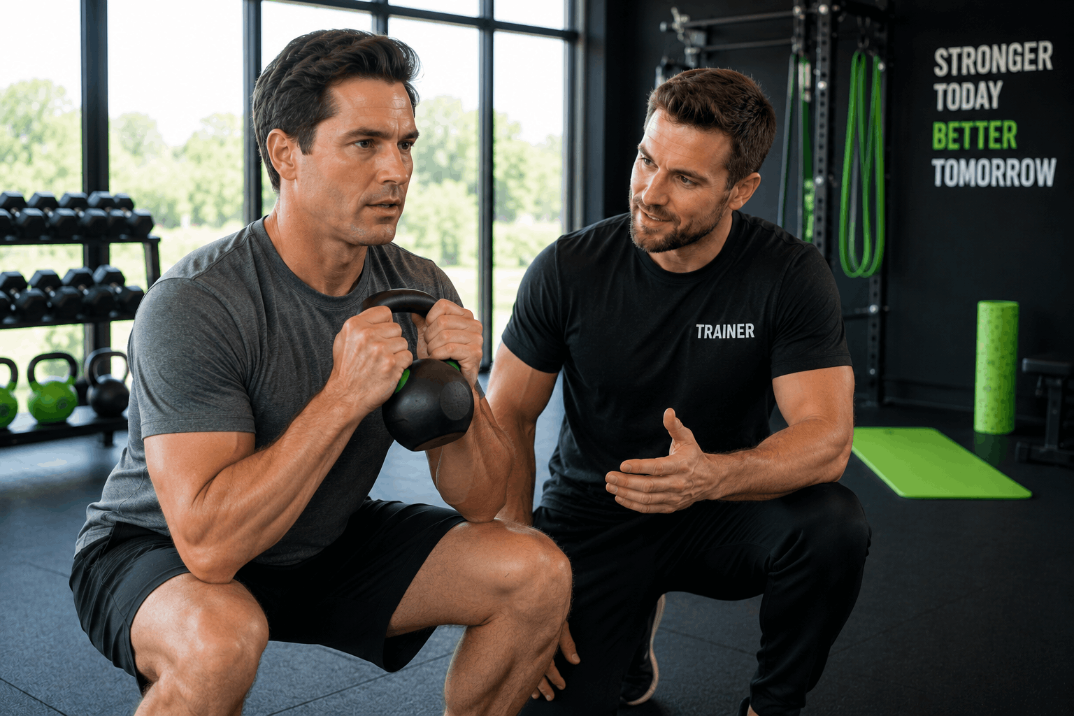 Busy adult completing quick kettlebell workout with fitness coach