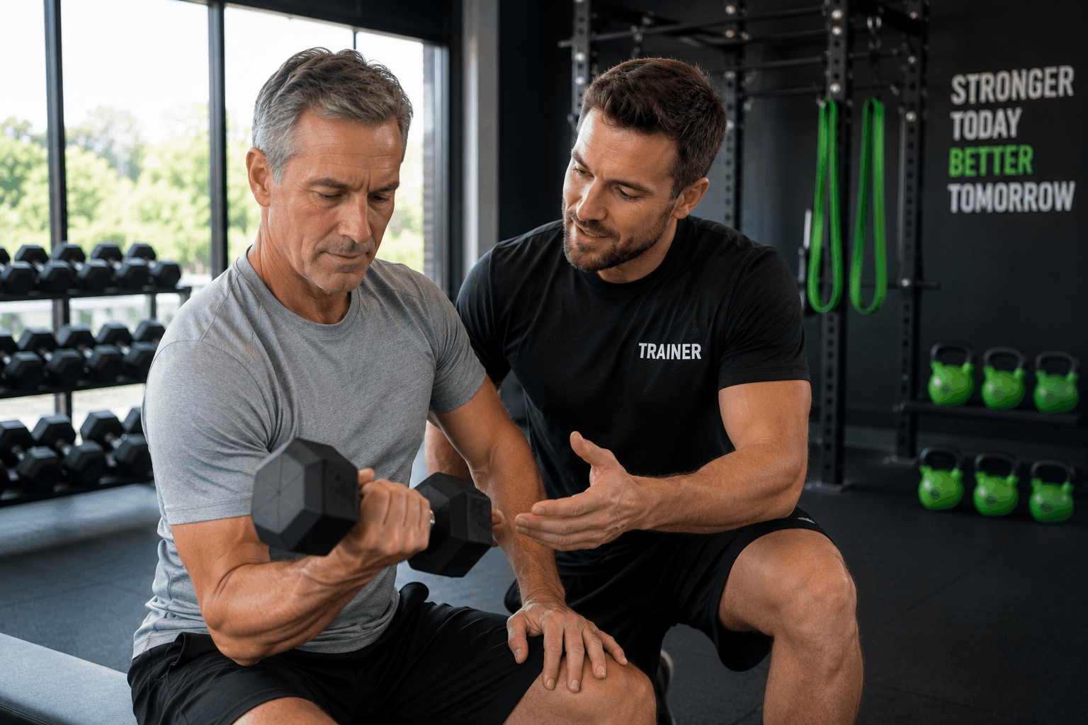 Older man performing strength training exercise with coach for longevity fitness