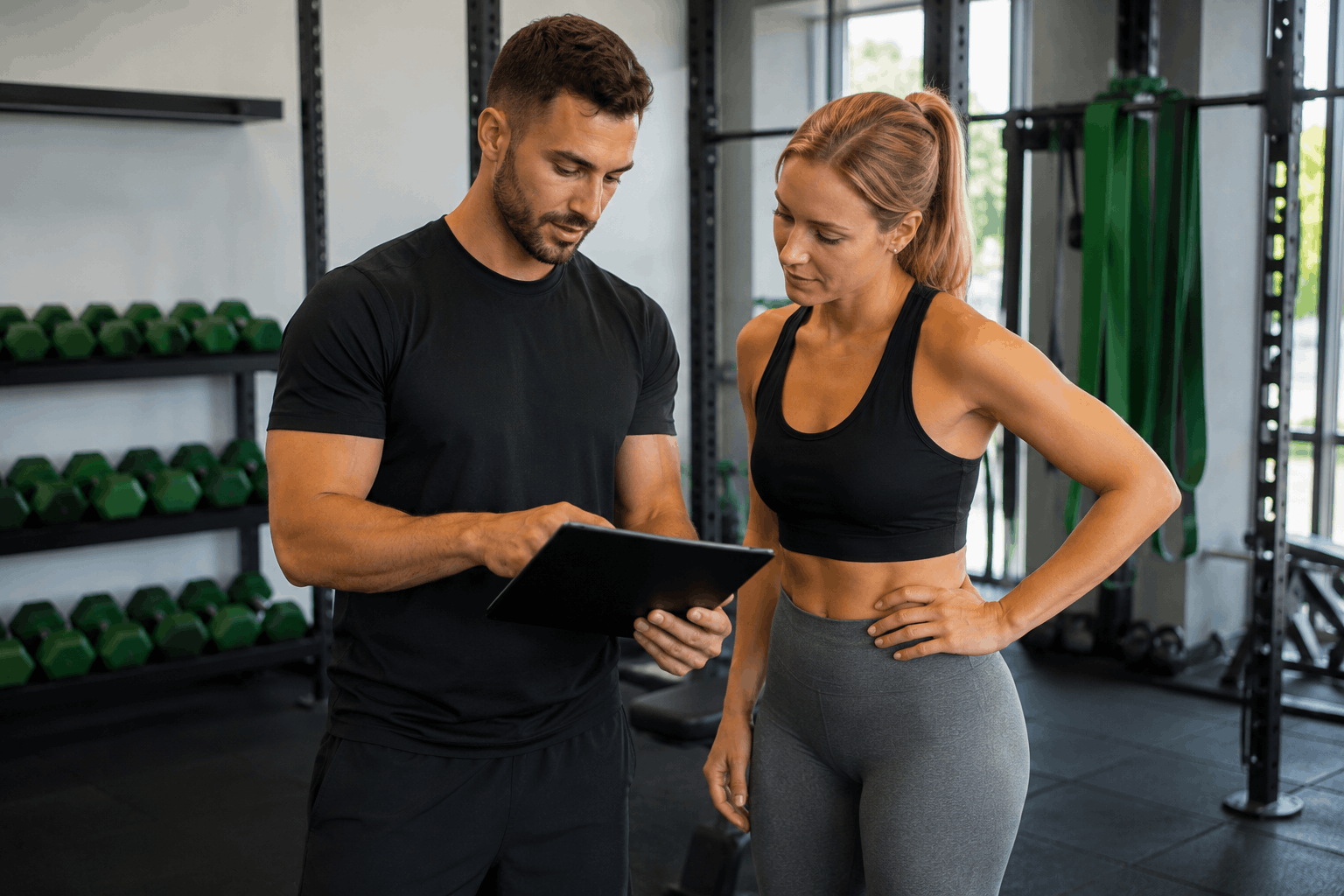 Trainer reviewing a customized exercise program with a client