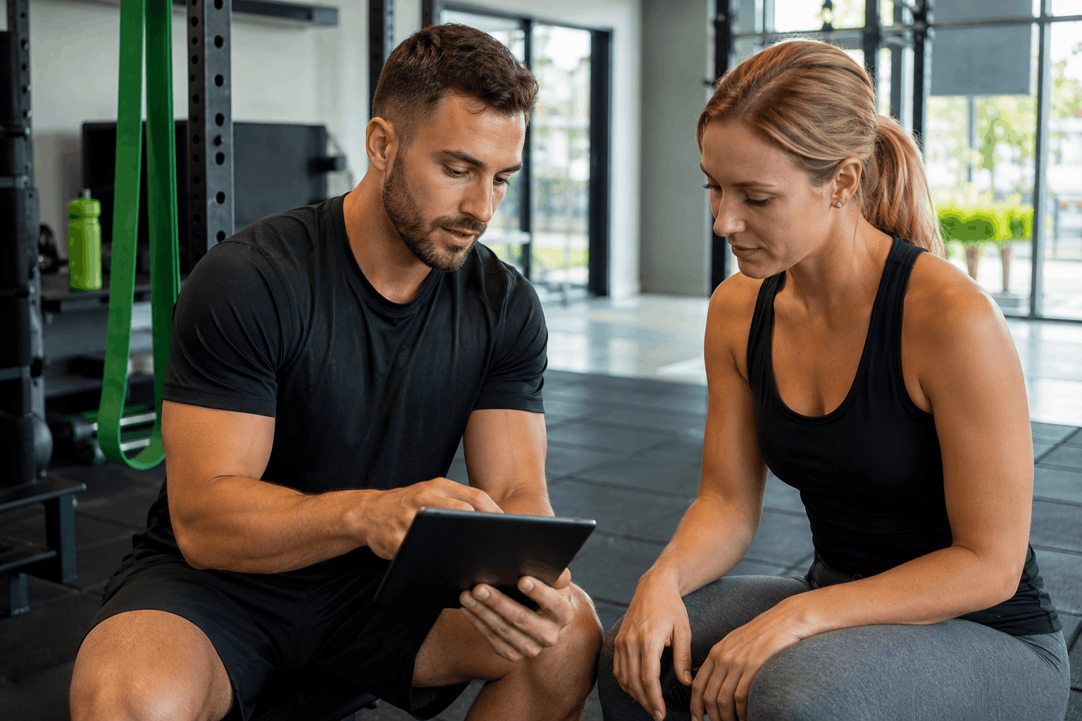 Fitness consultation with a personal trainer reviewing goals and progress