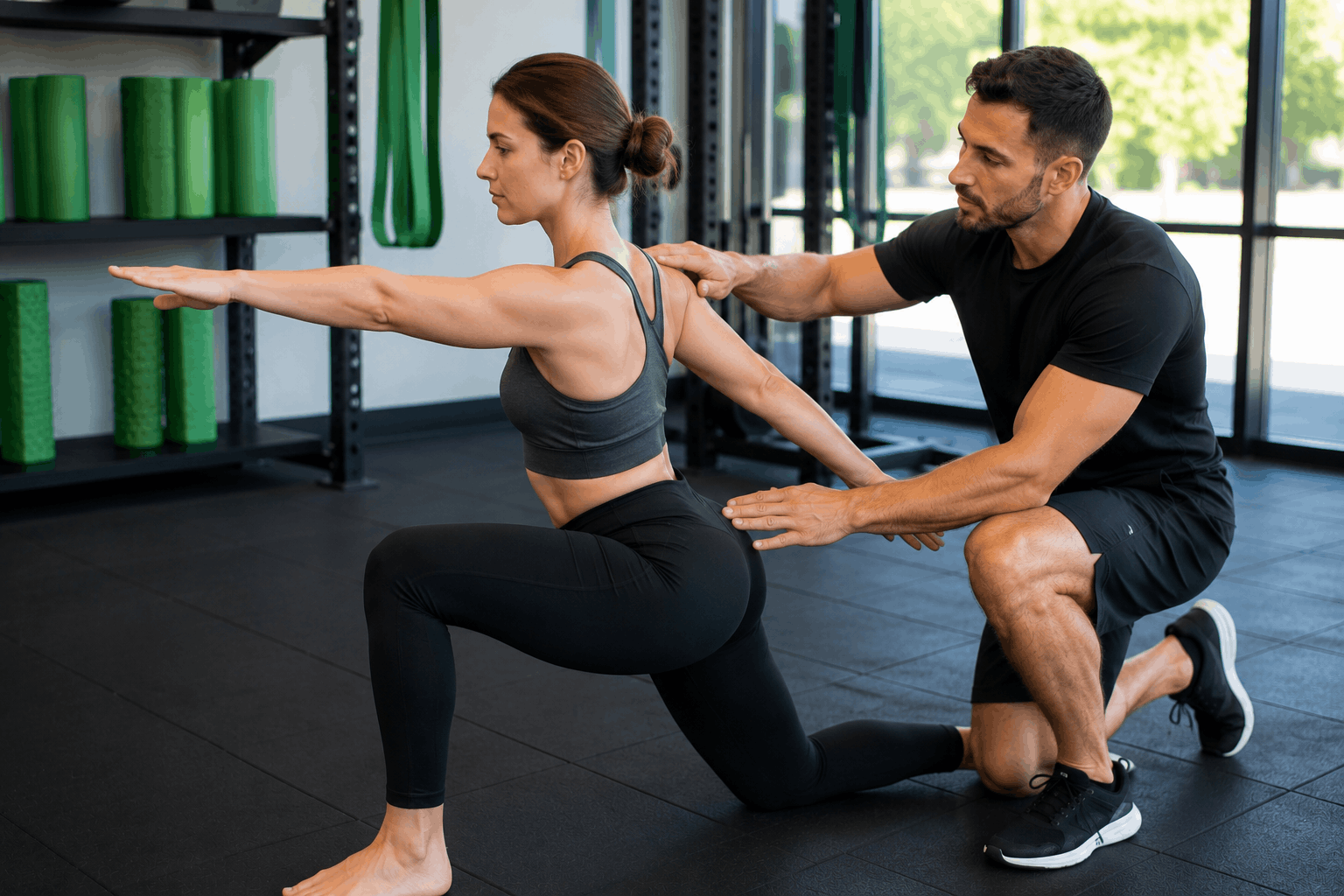 Trainer conducting a movement assessment to evaluate mobility and posture