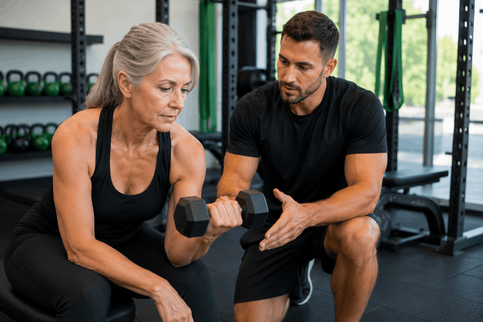 Older woman performing a dumbbell bicep curl with a male trainer coaching beside her in a gym, focusing on form and guidance.