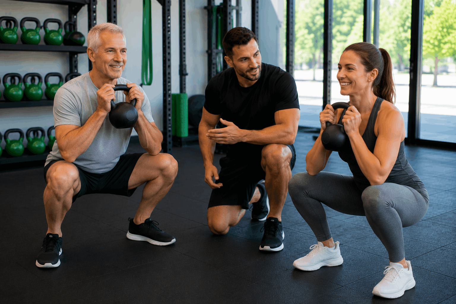 Three people in a gym performing goblet squats with kettlebells, instructor coaching the pair.