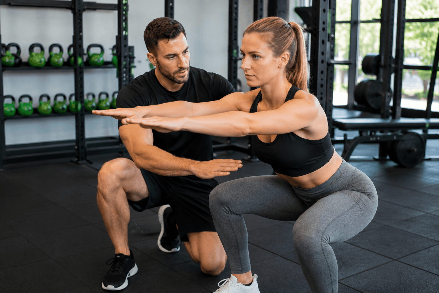 Personal trainer correcting squat form to avoid workout mistakes