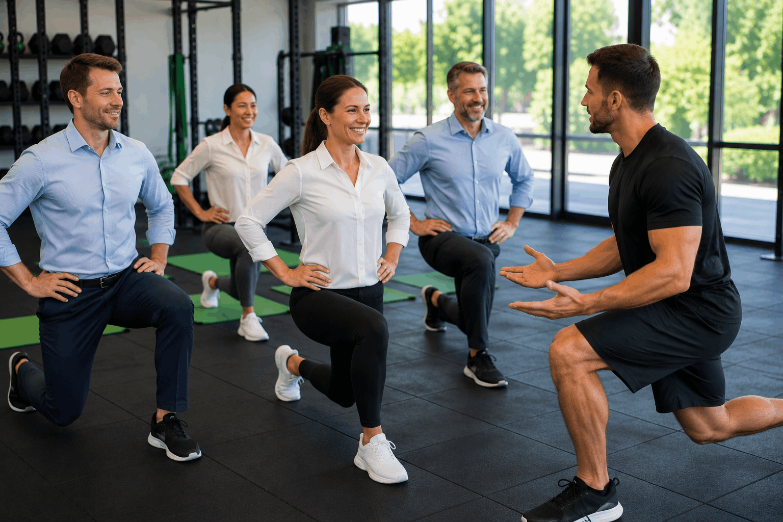 Group of adults in a gym doing lunges while a trainer explains form to the class