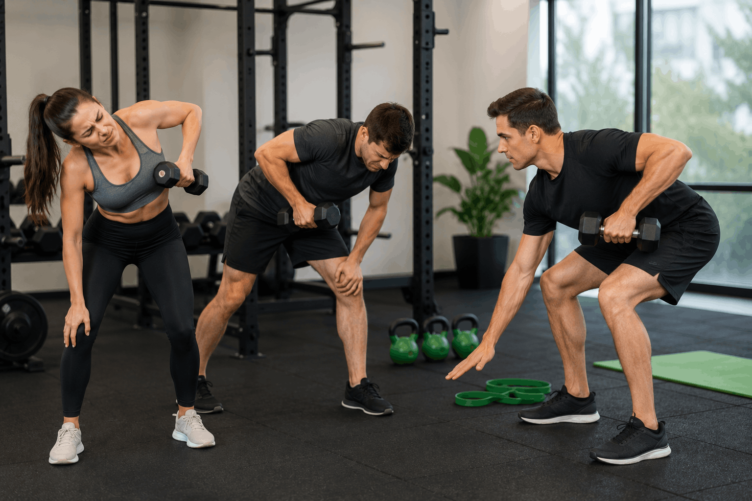 Three athletes in a gym performing bent-over dumbbell rows, each holding a dumbbell with one arm.