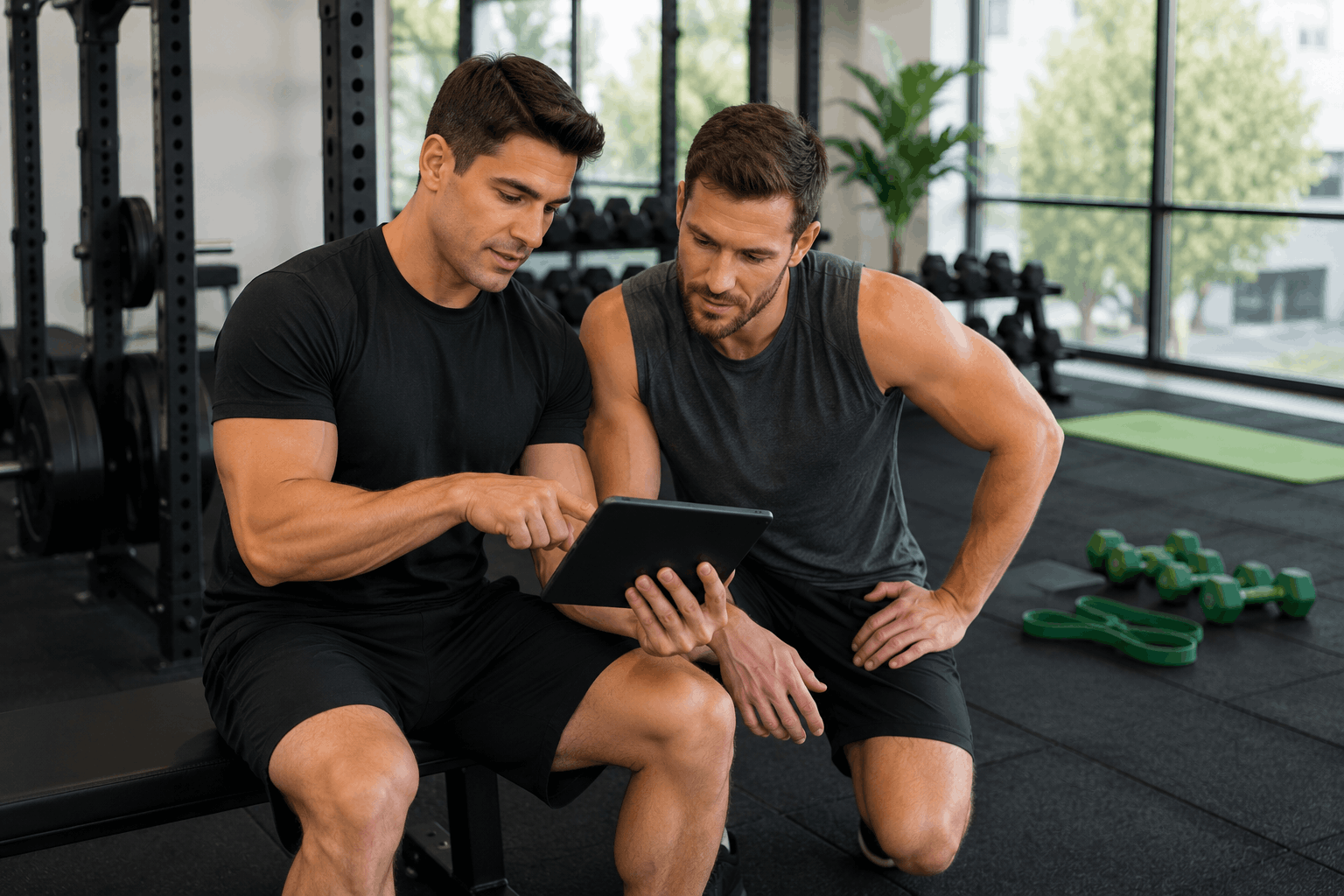 Personal trainer explaining workout plans on a tablet for full body and split workouts.