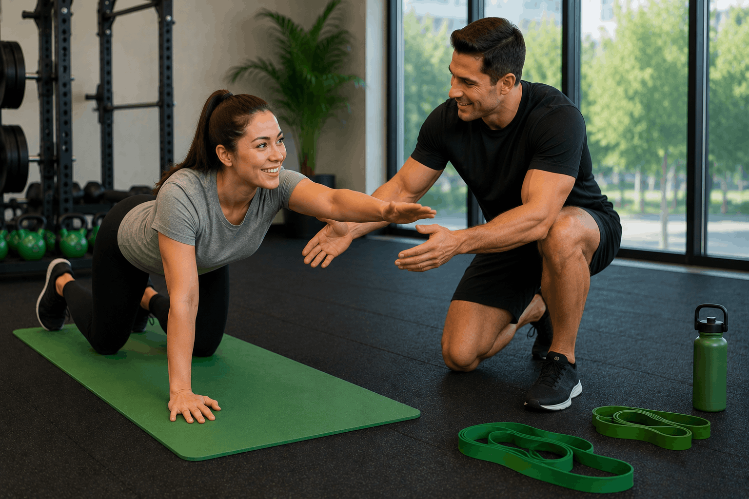 Fitness coach encouraging a beginner during a simple core exercise.