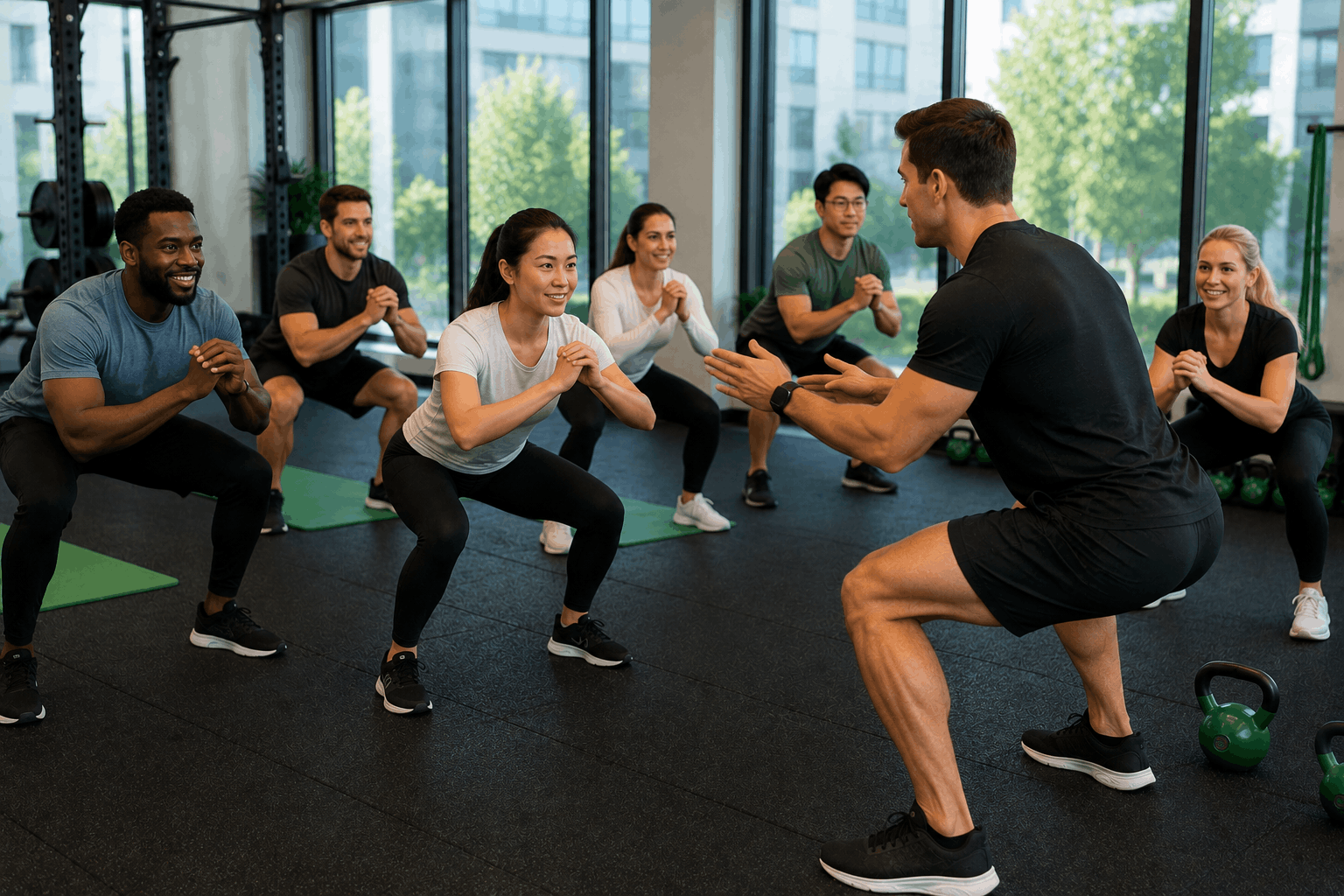 Employees participating in a group fitness class led by an instructor.