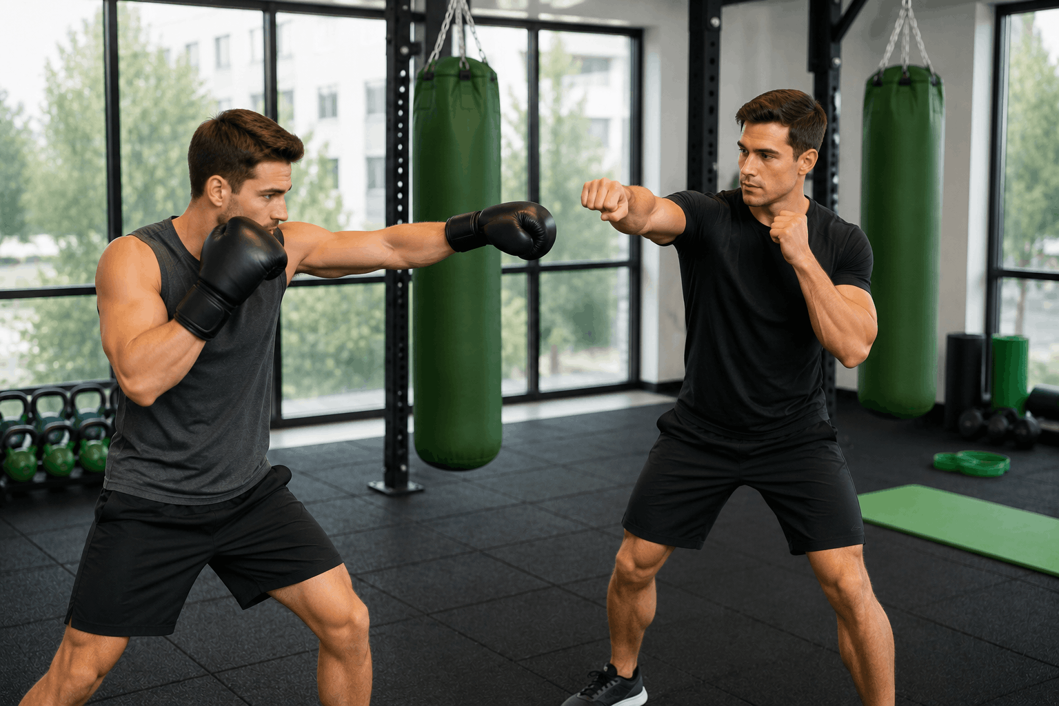 Beginner learning kickboxing techniques with a fitness coach in a gym.