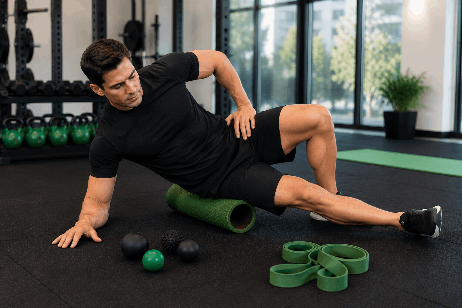 Athlete using a foam roller and recovery tools after a workout.