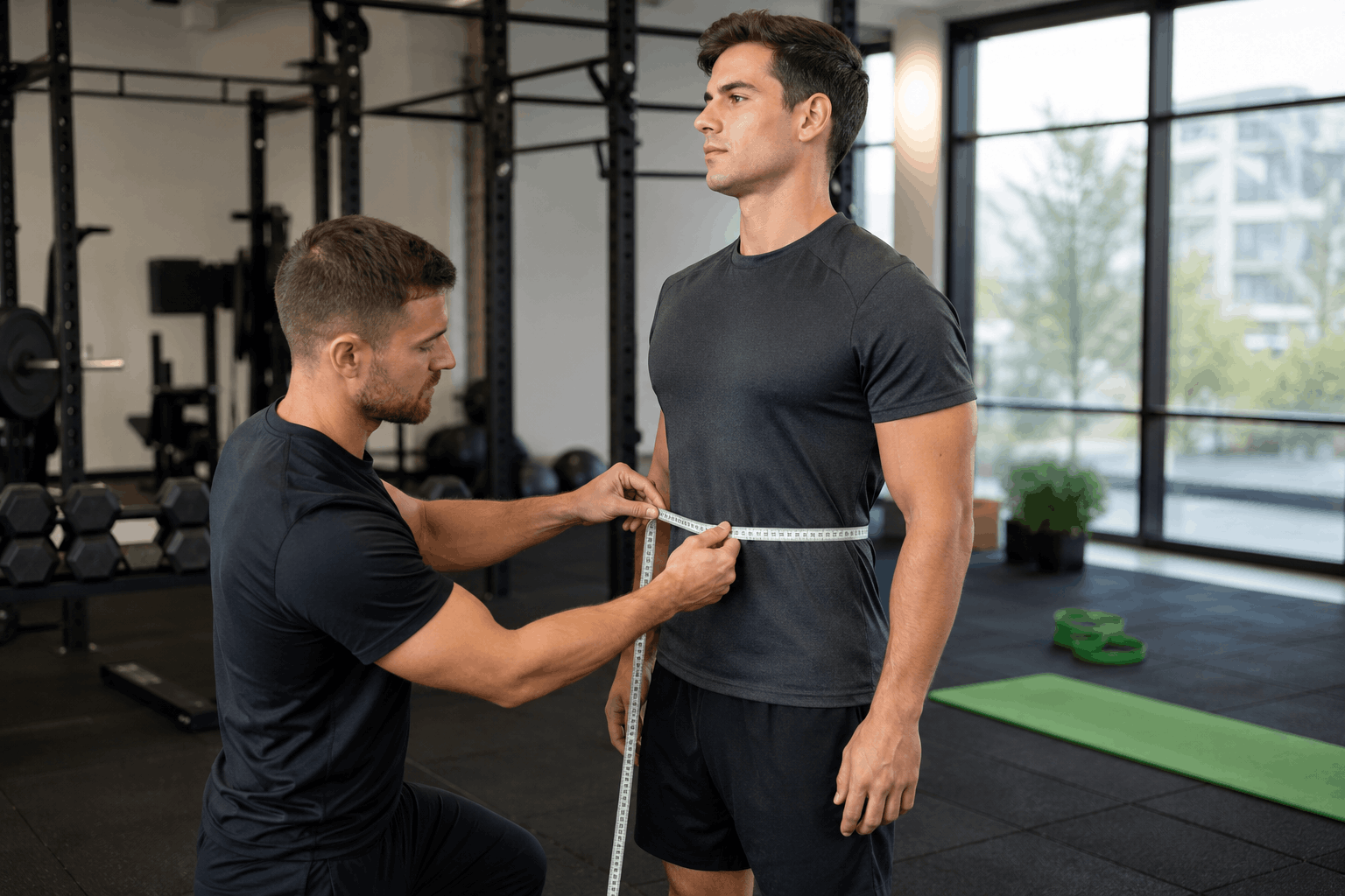 Personal trainer measuring a client's waist to track body measurements beyond the scale.