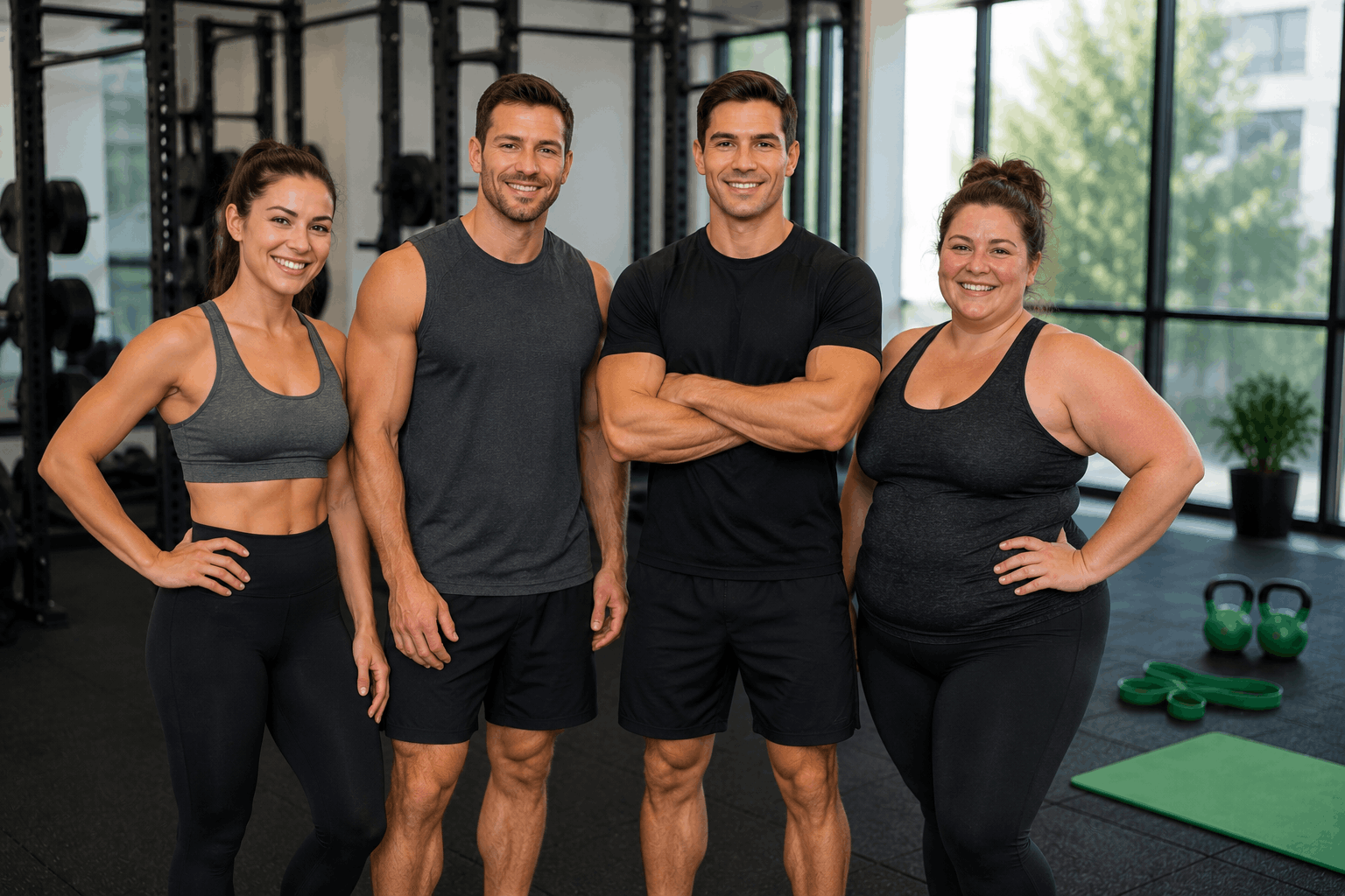 Diverse group showing different body transformation results in a fitness gym.