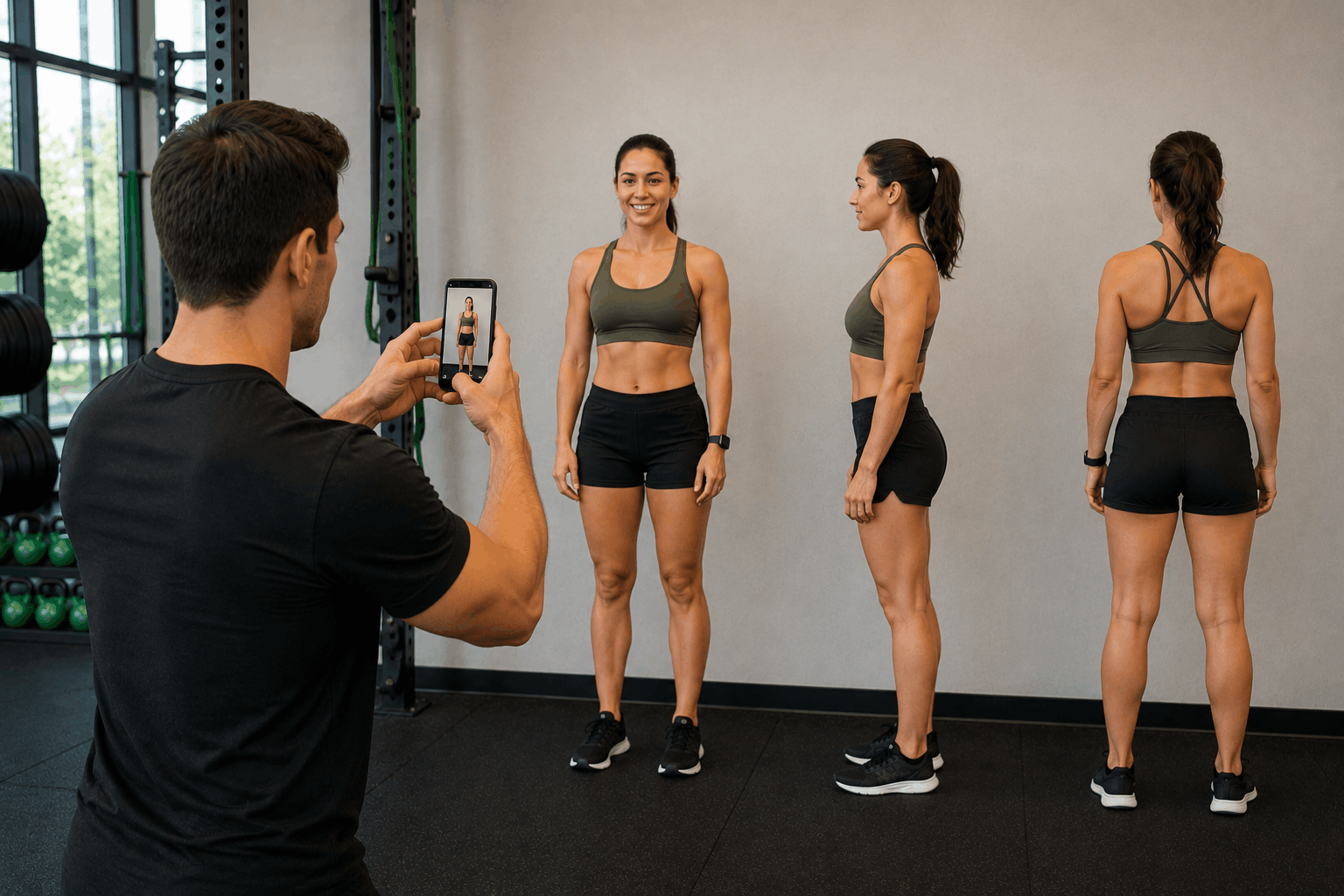 Trainer taking progress photos to document body transformation results.