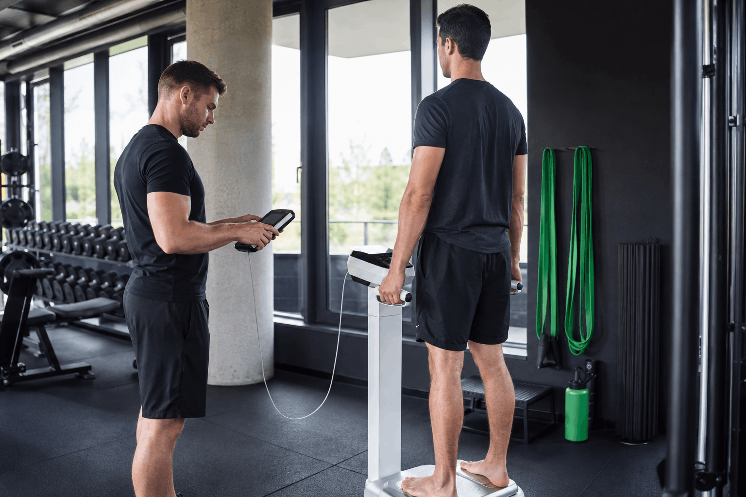 Body scan fitness assessment measuring body composition before setting personalized fitness goals.