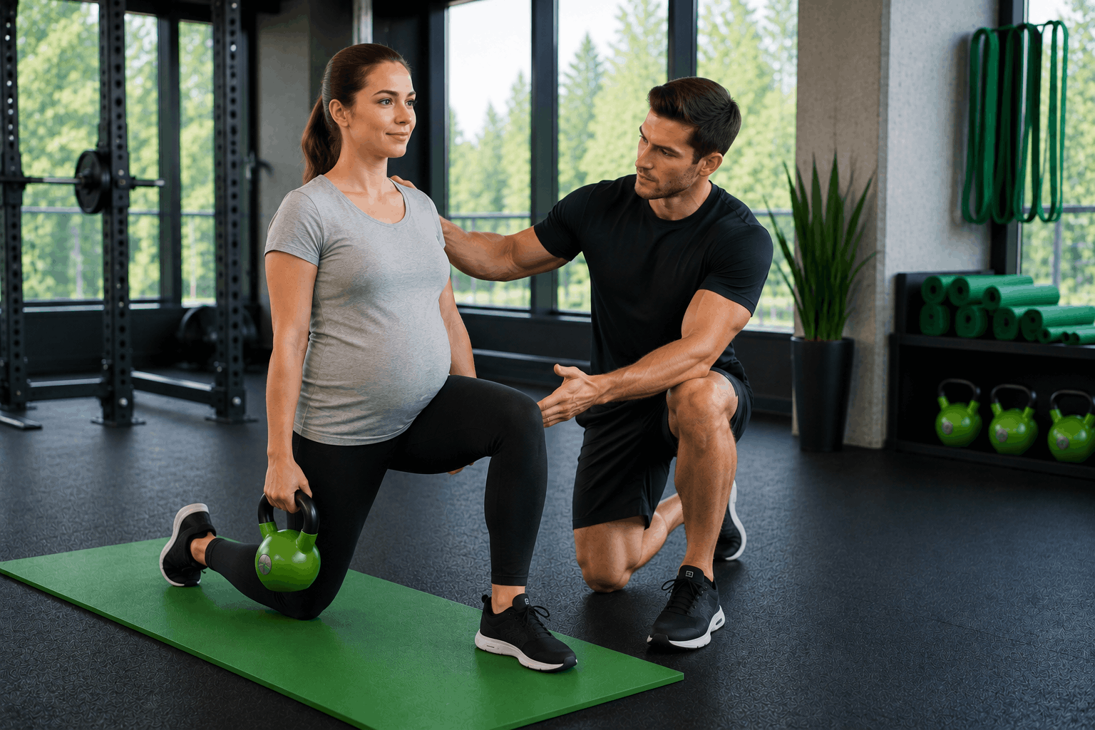 Fitness after pregnancy recovery session with trainer guiding safe strength exercise.