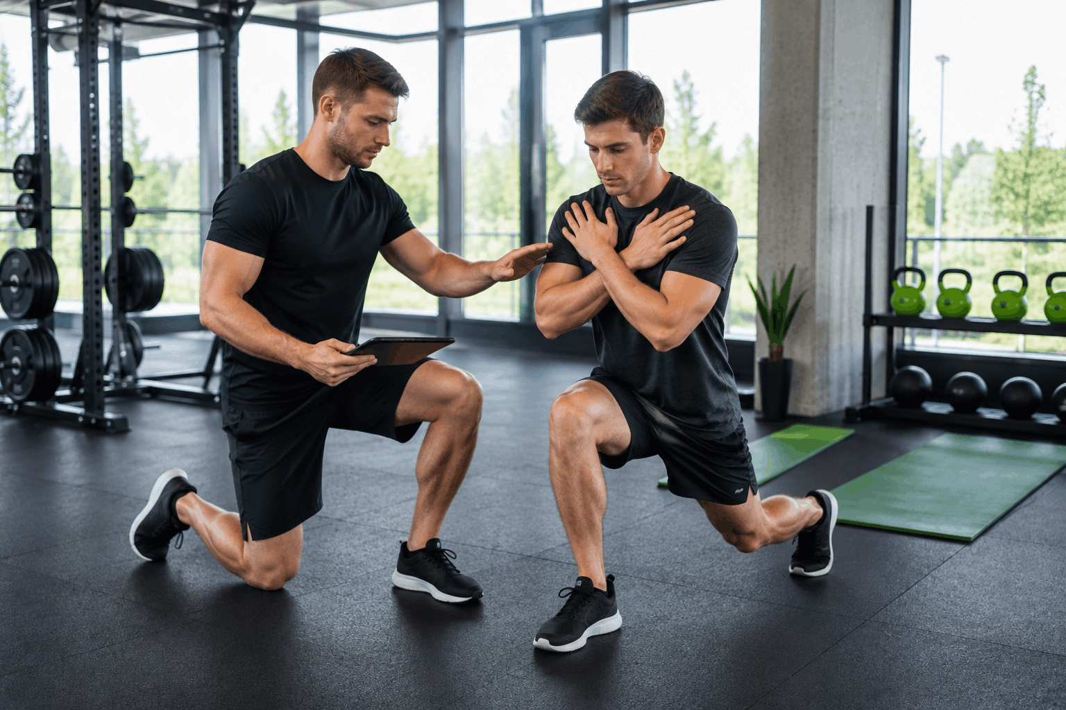 Fitness baseline assessment with trainer evaluating movement during a lunge exercise.