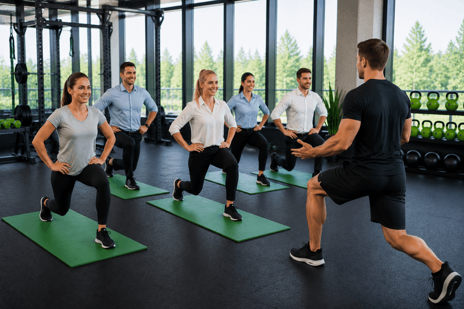 Corporate fitness participation group workout led by a professional trainer.