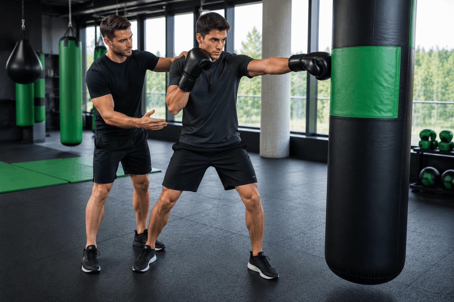 Trainer correcting kickboxing workout technique on a beginner using a heavy bag.