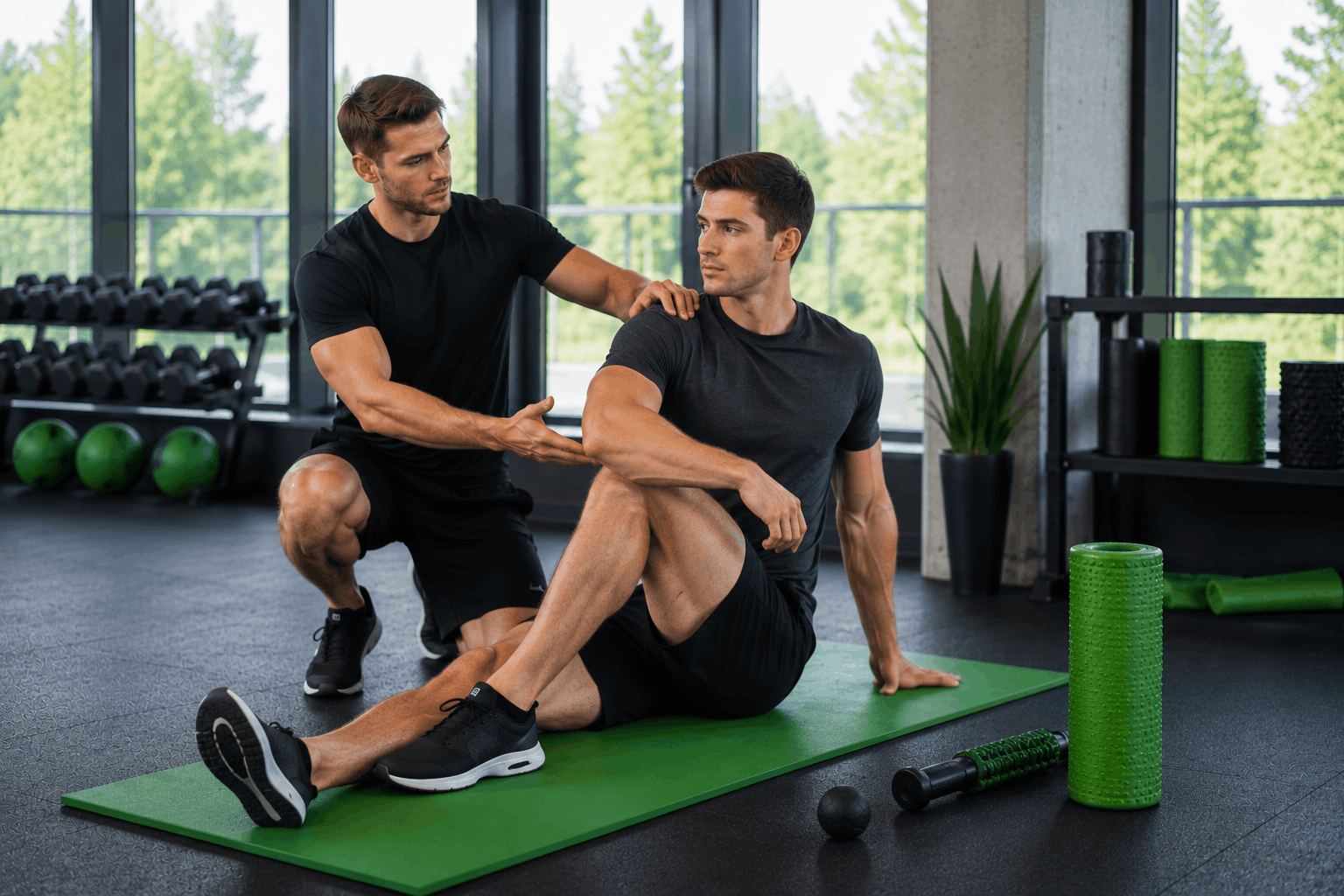 Sports recovery routine with guided stretching and mobility exercises after training.