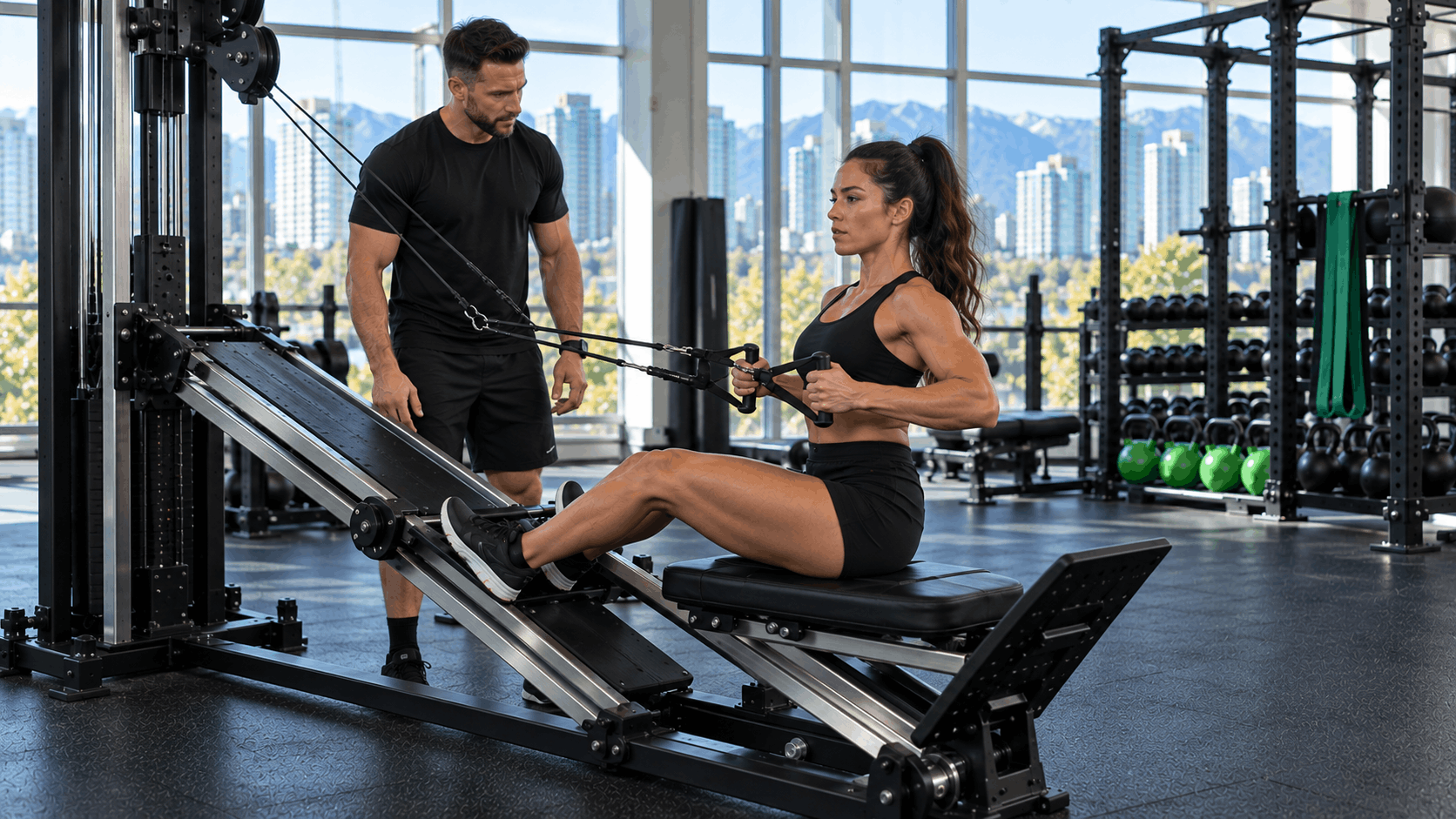 Woman seated on a leg-extension station, pulling resistance handles; trainer stands nearby in a bright gym.